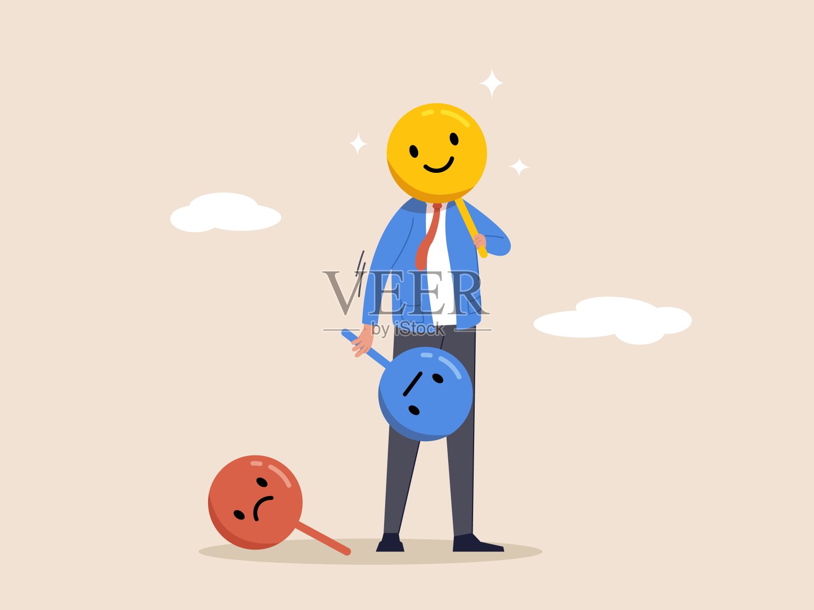 商人在脸上戴着面具来表达情感。感觉,虚假的感觉,面部表情,人类可编辑的情感。面部表情的概念,现代平面矢量插图插画图片素材