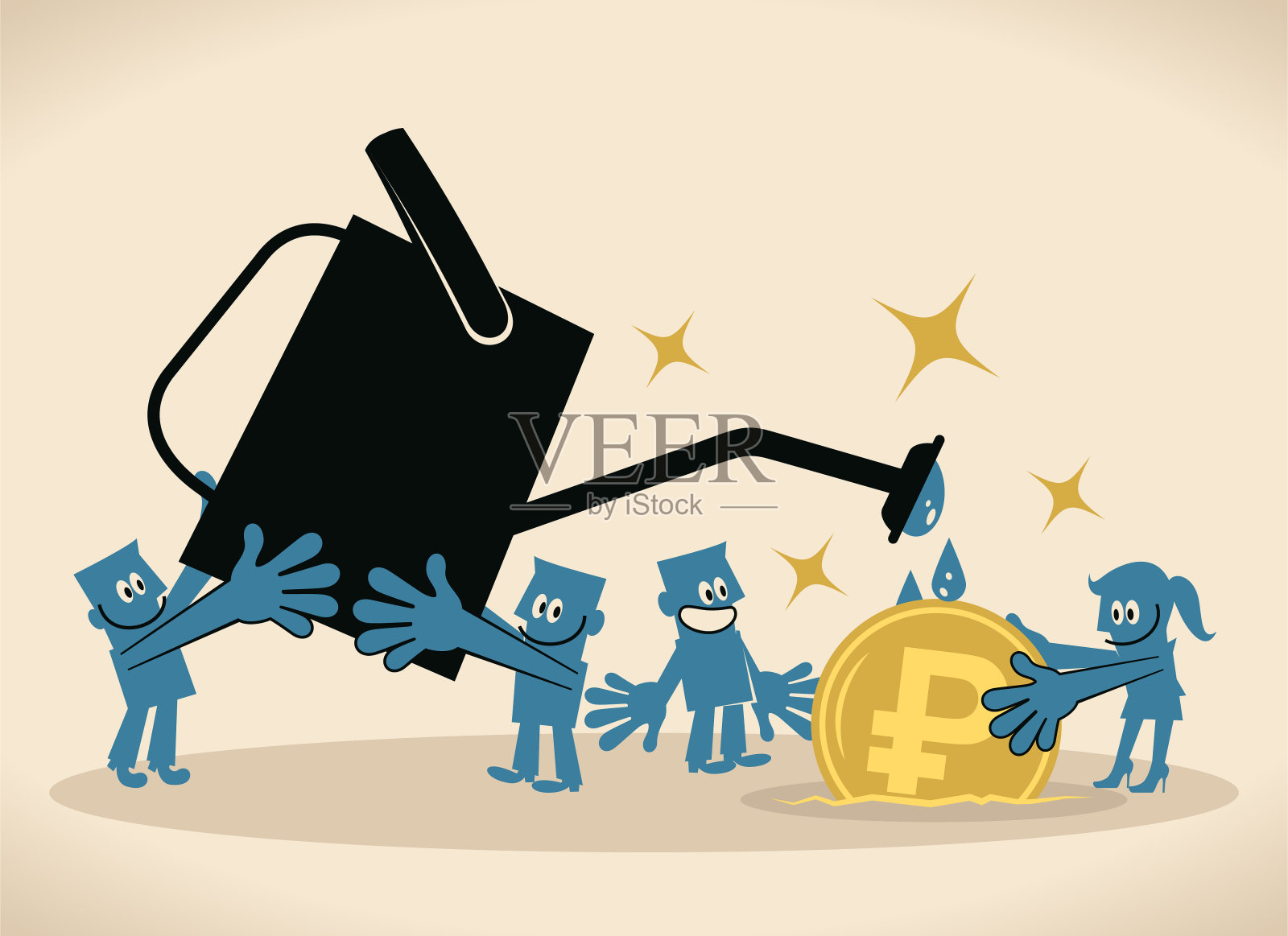 商业团队(女性和一群男性)播种金钱种子(俄罗斯卢布货币)并浇水插画图片素材