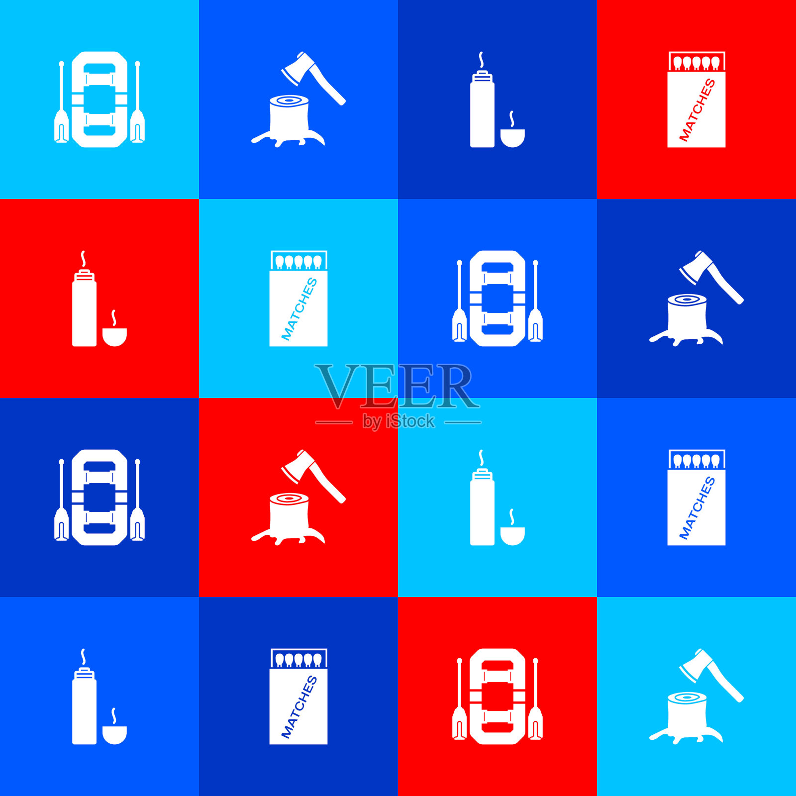 设置漂流船,木斧桩,热水瓶容器和打开火柴盒和火柴图标。向量插画图片素材