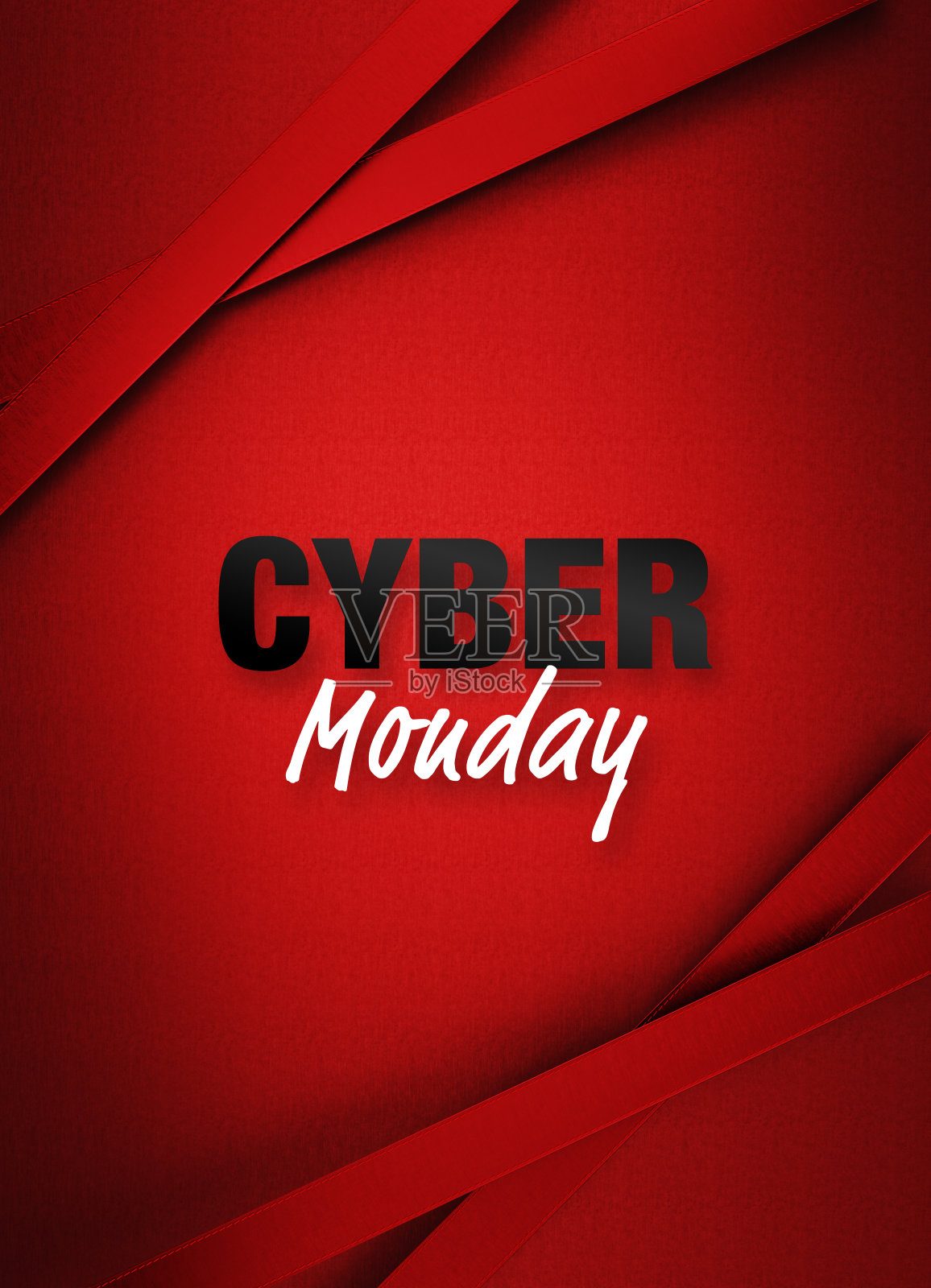 网络星期一文本和红色背景上的红丝带照片摄影图片