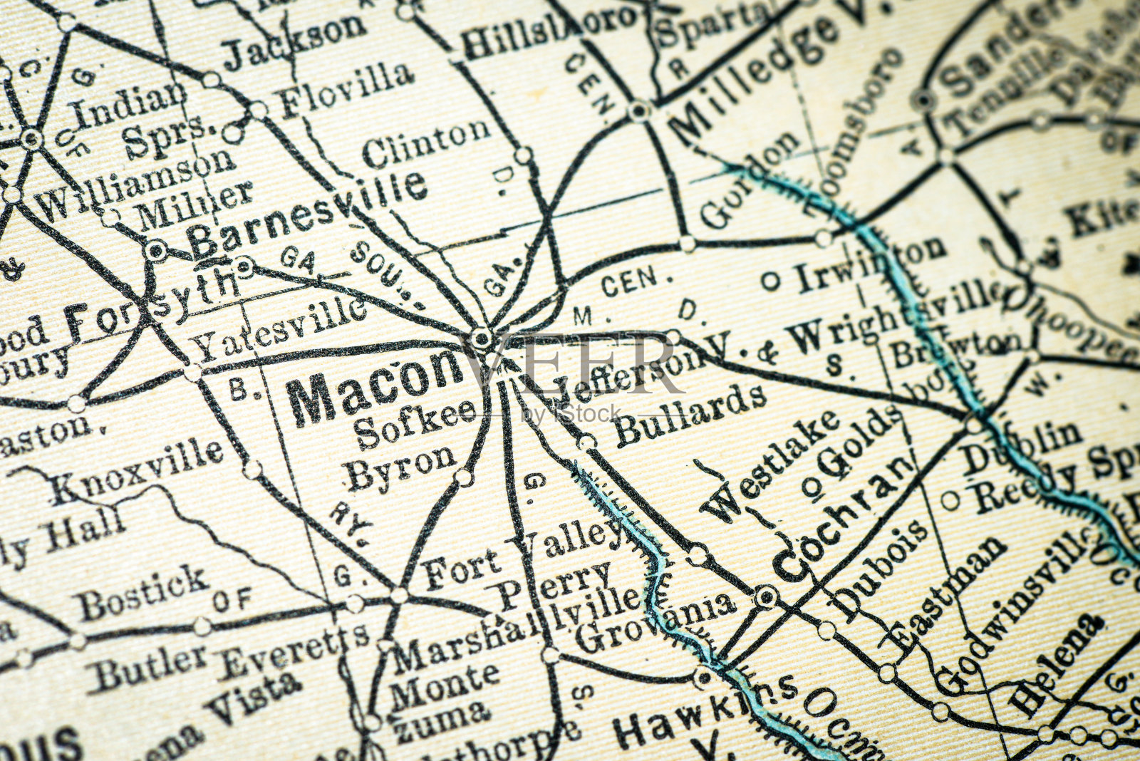 古董美国地图特写细节:梅肯,乔治亚州插画图片素材