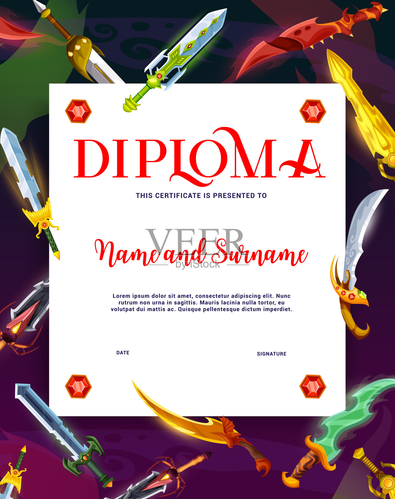 少年骑士文凭魔法剑刃证书设计模板素材
