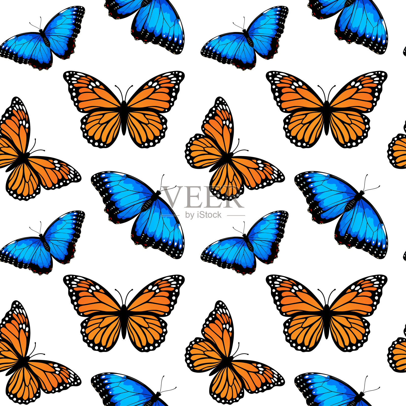 无缝图案与帝王蝶和蓝色大闪蝶插画图片素材