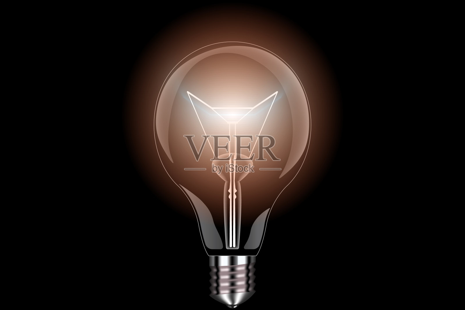 玻璃灯泡在透明的黑色背景与明亮的黄色辉光。插画图片素材