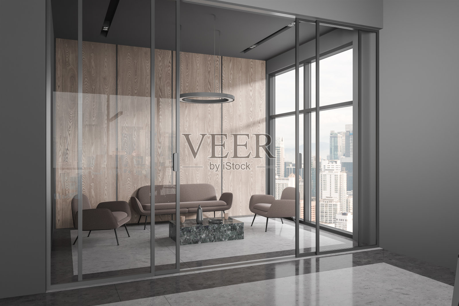 办公室内部配有沙发和扶手椅,全景窗户照片摄影图片