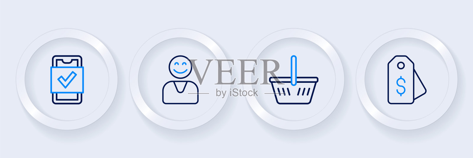 设置线价格标签与美元,购物篮,快乐的客户和移动购物图标。向量图标素材