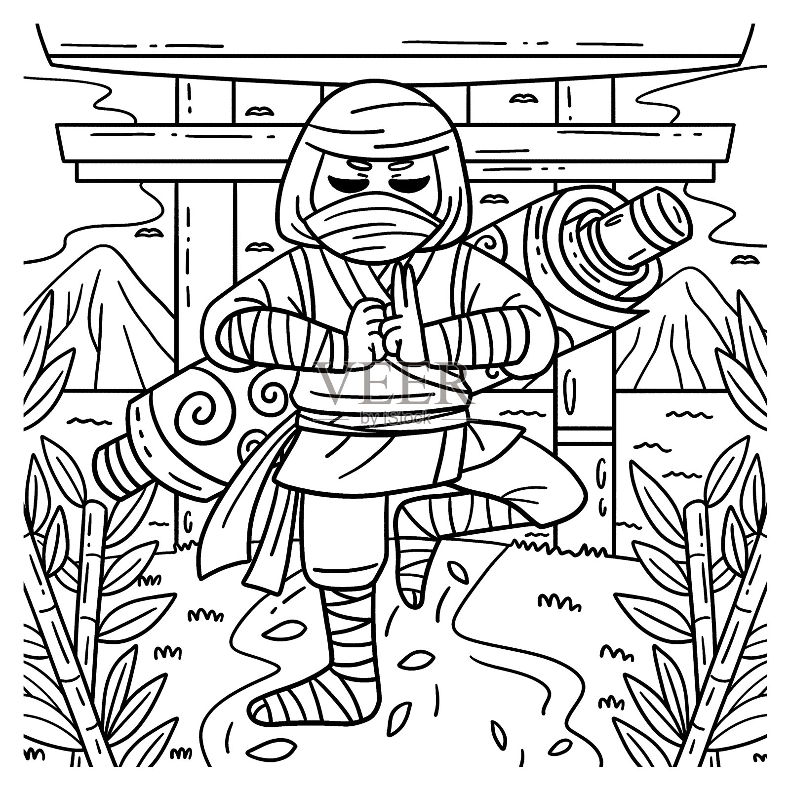 忍者与滚动背面着色页的孩子插画图片素材