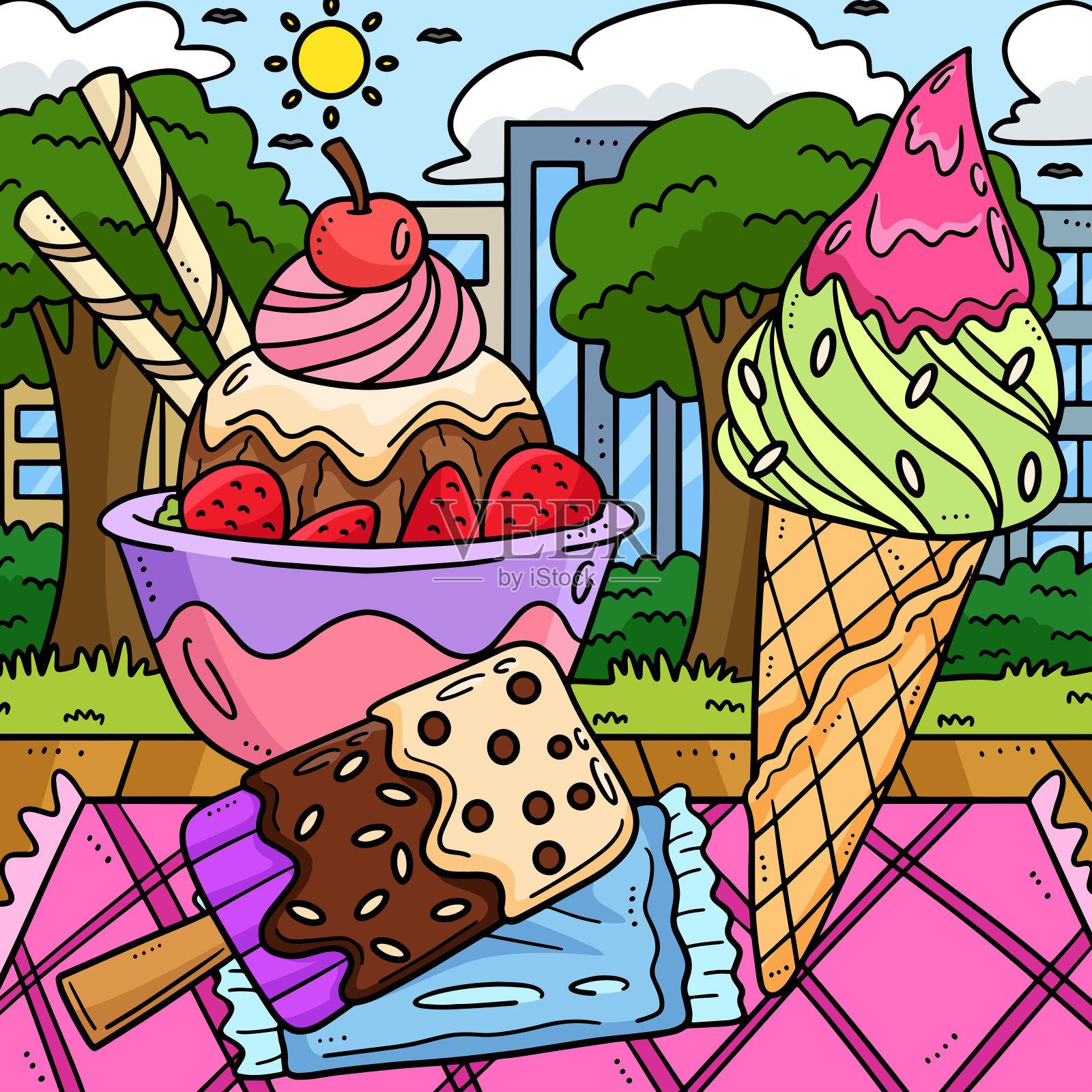 夏季冰淇淋彩色卡通插图插画图片素材