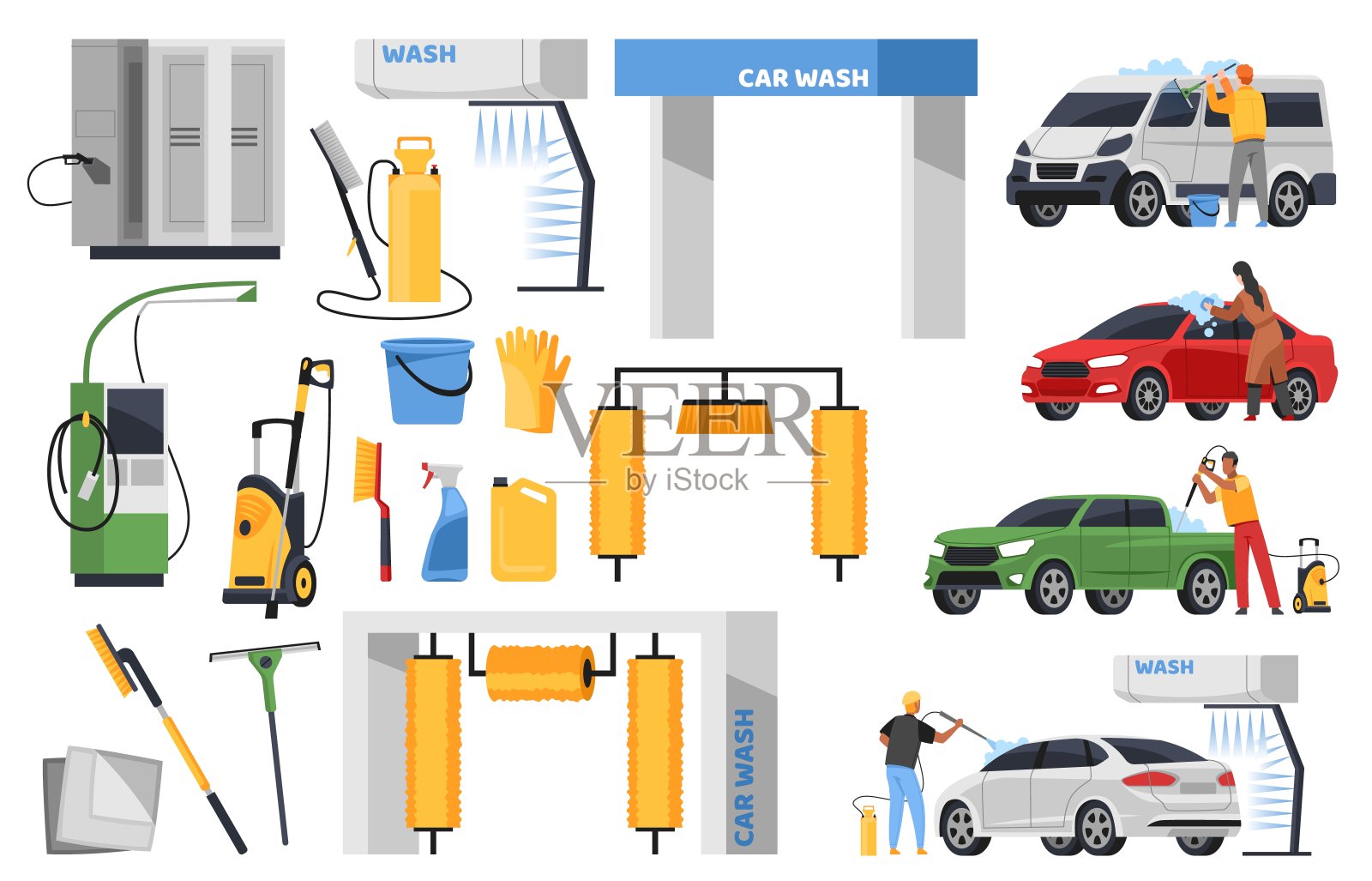 卡通洗车元素。车主照顾好车辆,刷子、吸尘器、卷板机和自动机配水,男女清洗汽车,整洁矢量平隔离套插画图片素材