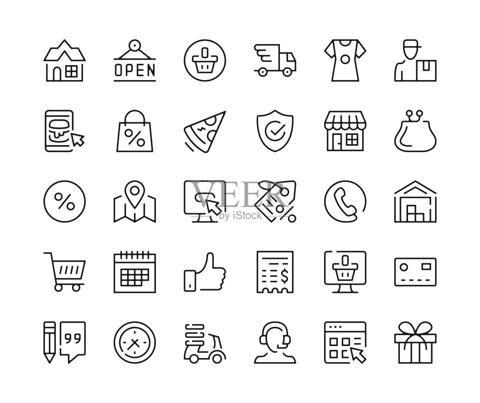 网购图标。矢量线图标集。网上商店,电子商务,网络销售,电子商务概念。黑色轮廓笔画符号图标素材