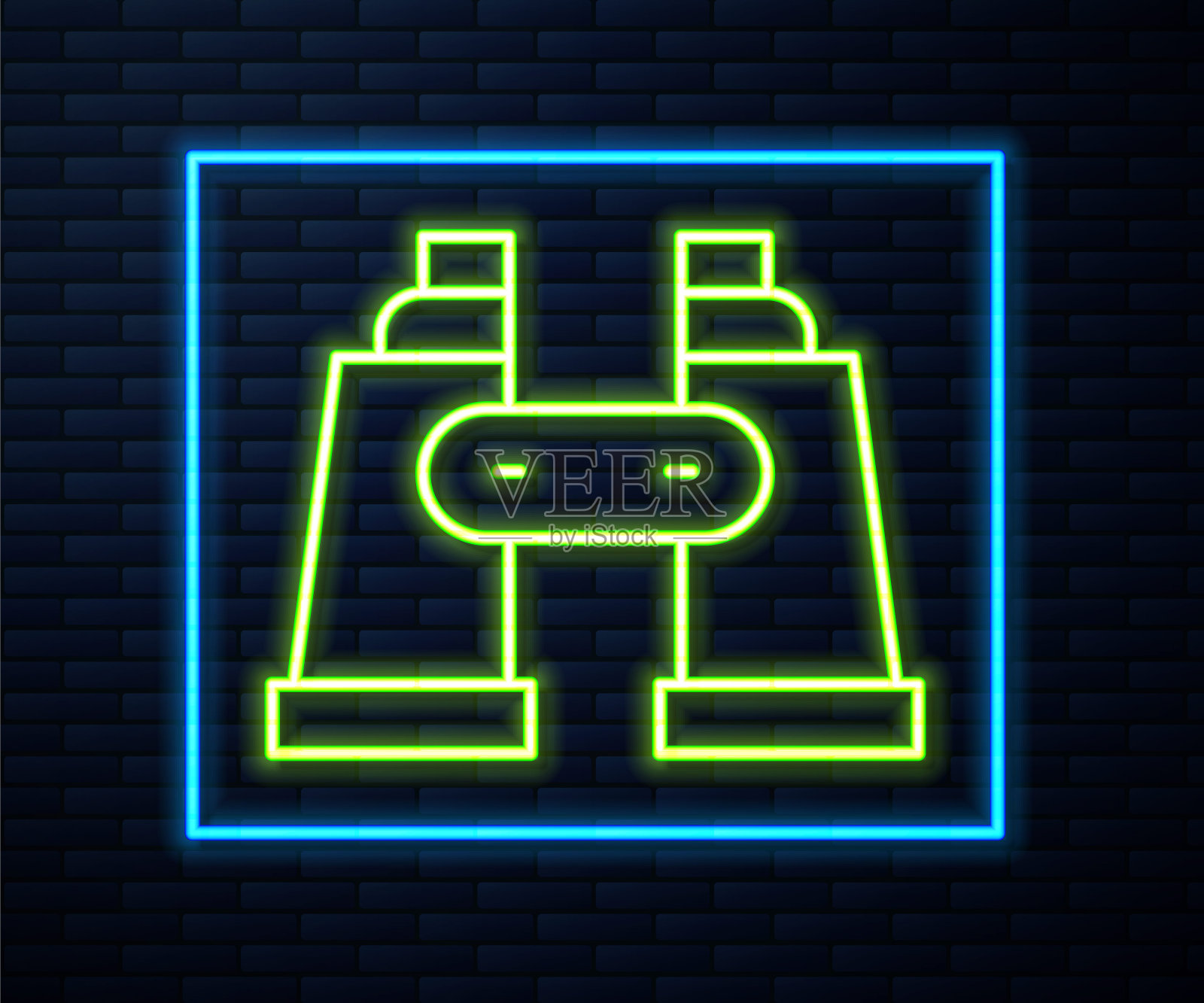 发光的霓虹线双筒望远镜图标孤立的砖墙背景。寻找软件标志。间谍设备符号。向量插画图片素材