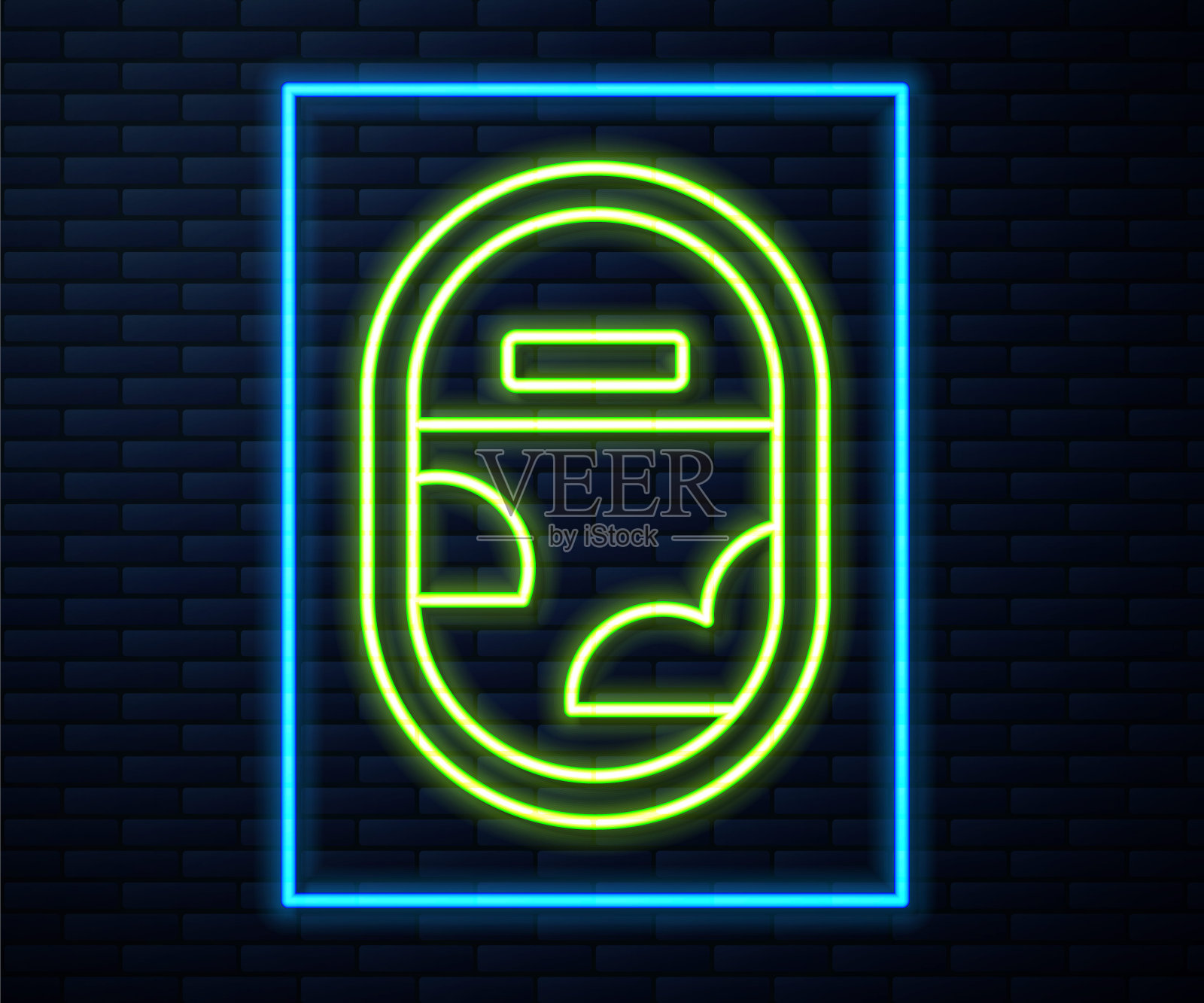 发光的霓虹灯线飞机窗口图标孤立的砖墙背景。飞机舷窗。向量插画图片素材