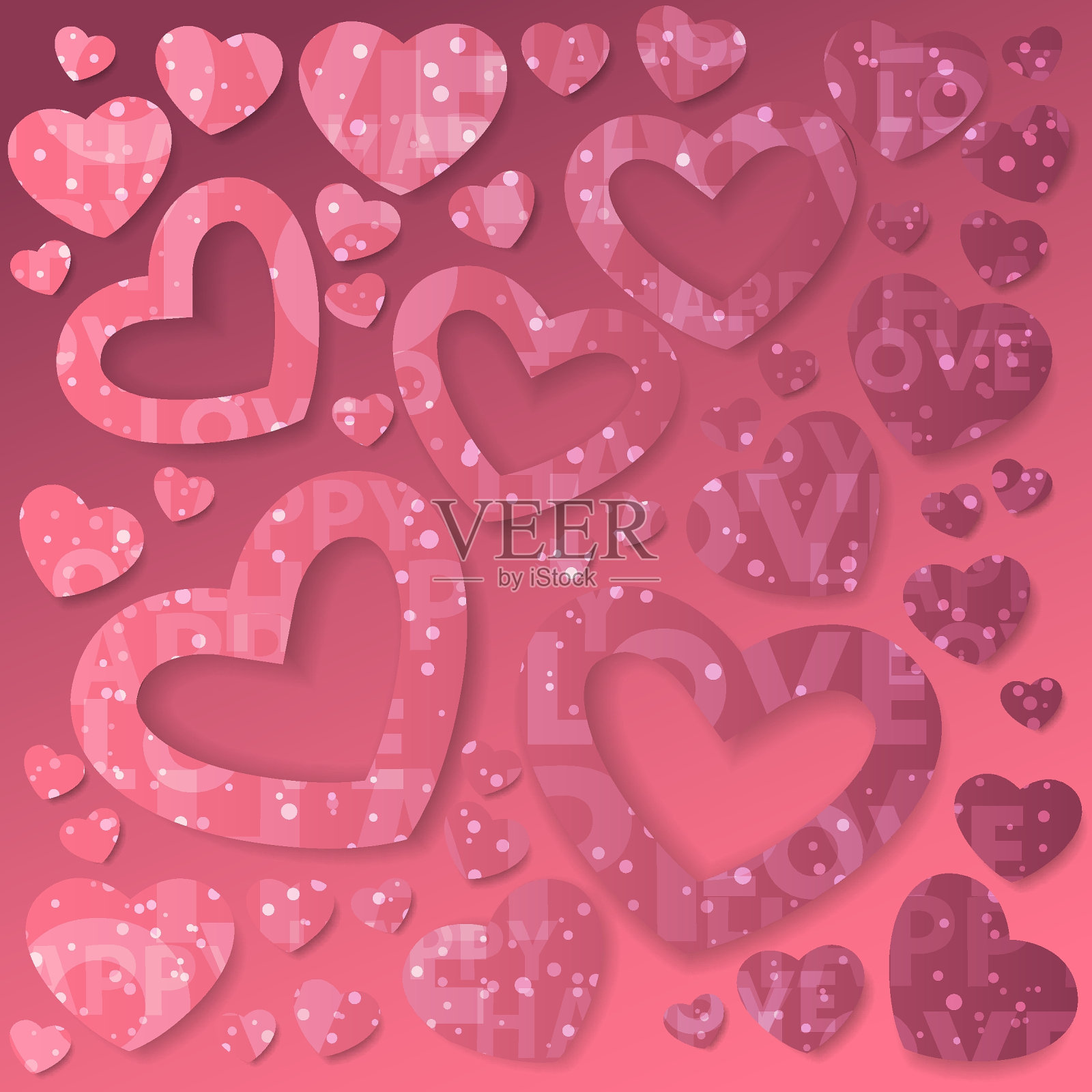 粉红色箔心与五彩纸屑,火花,灰尘和字母的爱和快乐在粉红色的背景。矢量插图情人节快乐。假期的设计。插画图片素材