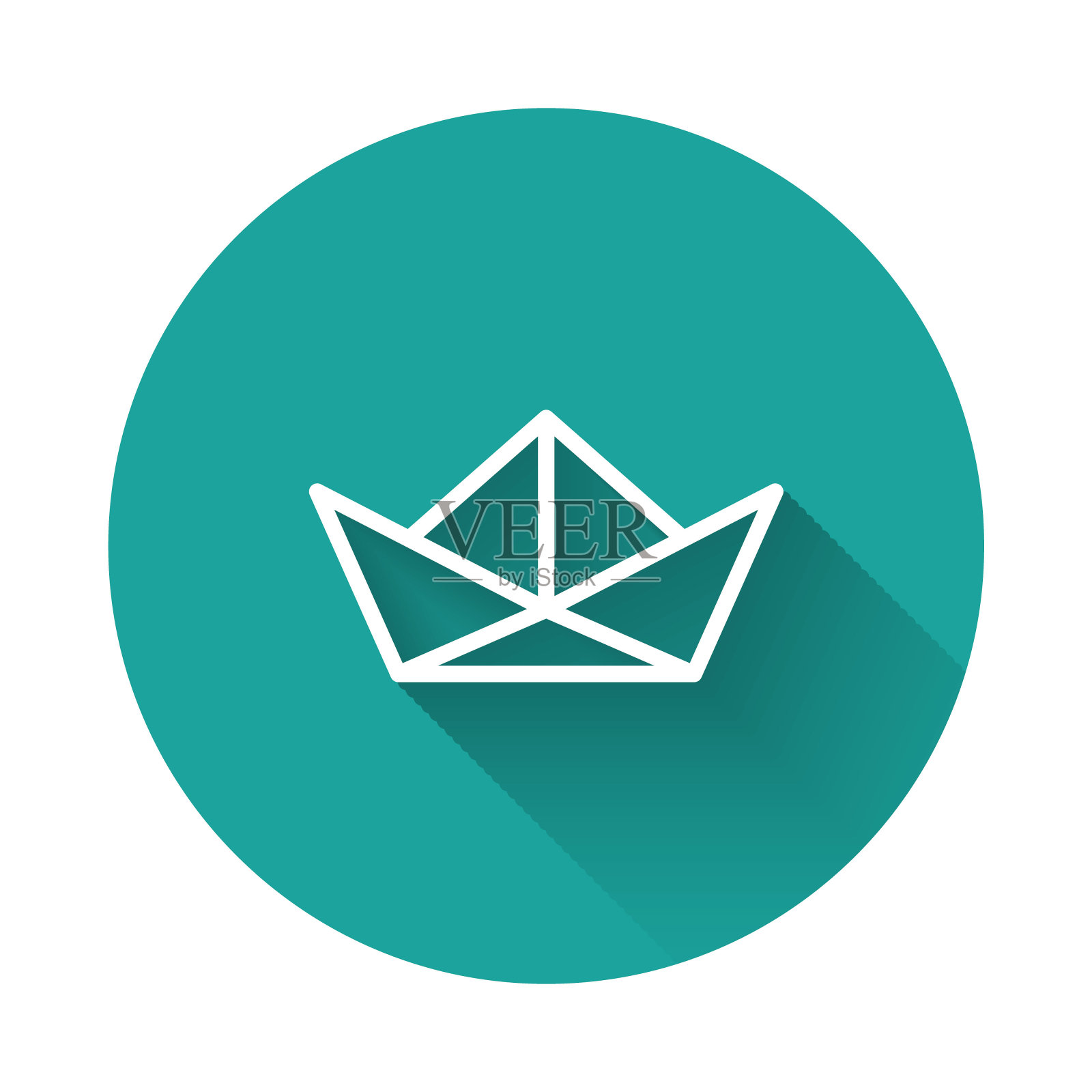 白线折叠纸船图标孤立的长阴影背景。折纸船。绿色圆形按钮。向量插画图片素材