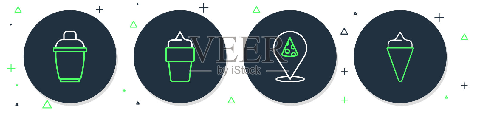 设置线冰淇淋在华夫蛋筒,披萨片,鸡尾酒摇壶和图标。向量插画图片素材