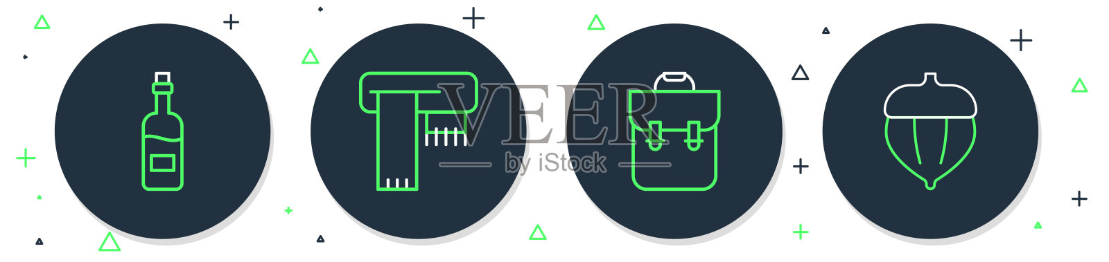 设置线冬季围巾,学校背包,一瓶葡萄酒和橡子图标。向量图标素材