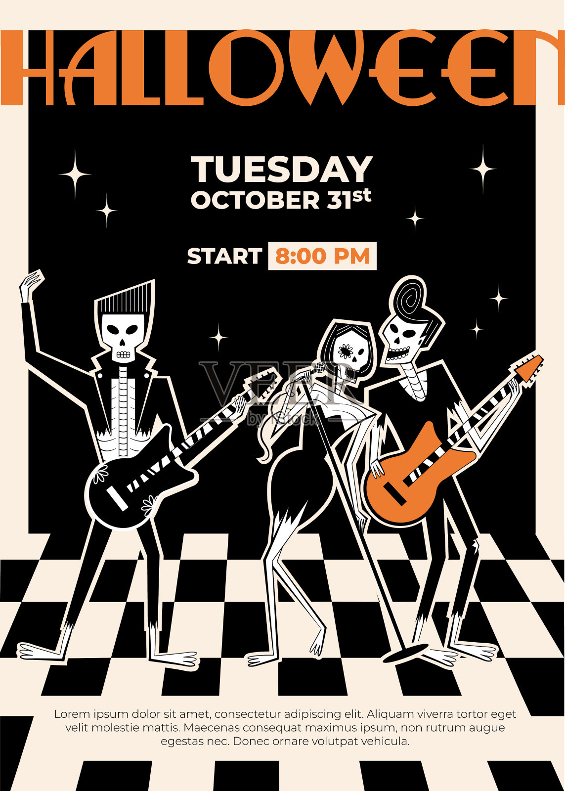 骷髅万圣节摇滚乐队在60 -70年代的复古风格。插画图片素材