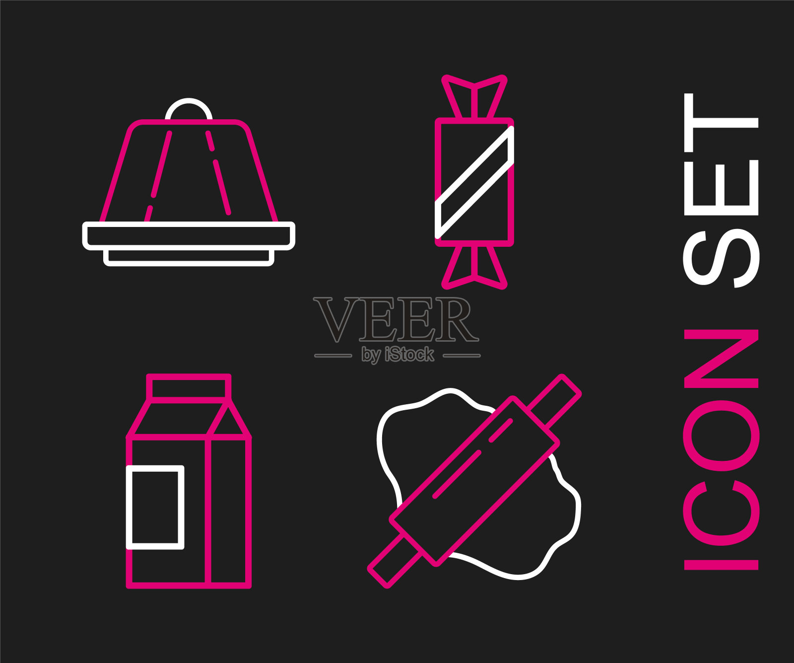 将擀面杖放在面团上,纸包装牛奶,糖果和布丁蛋奶糊图标。向量图标素材