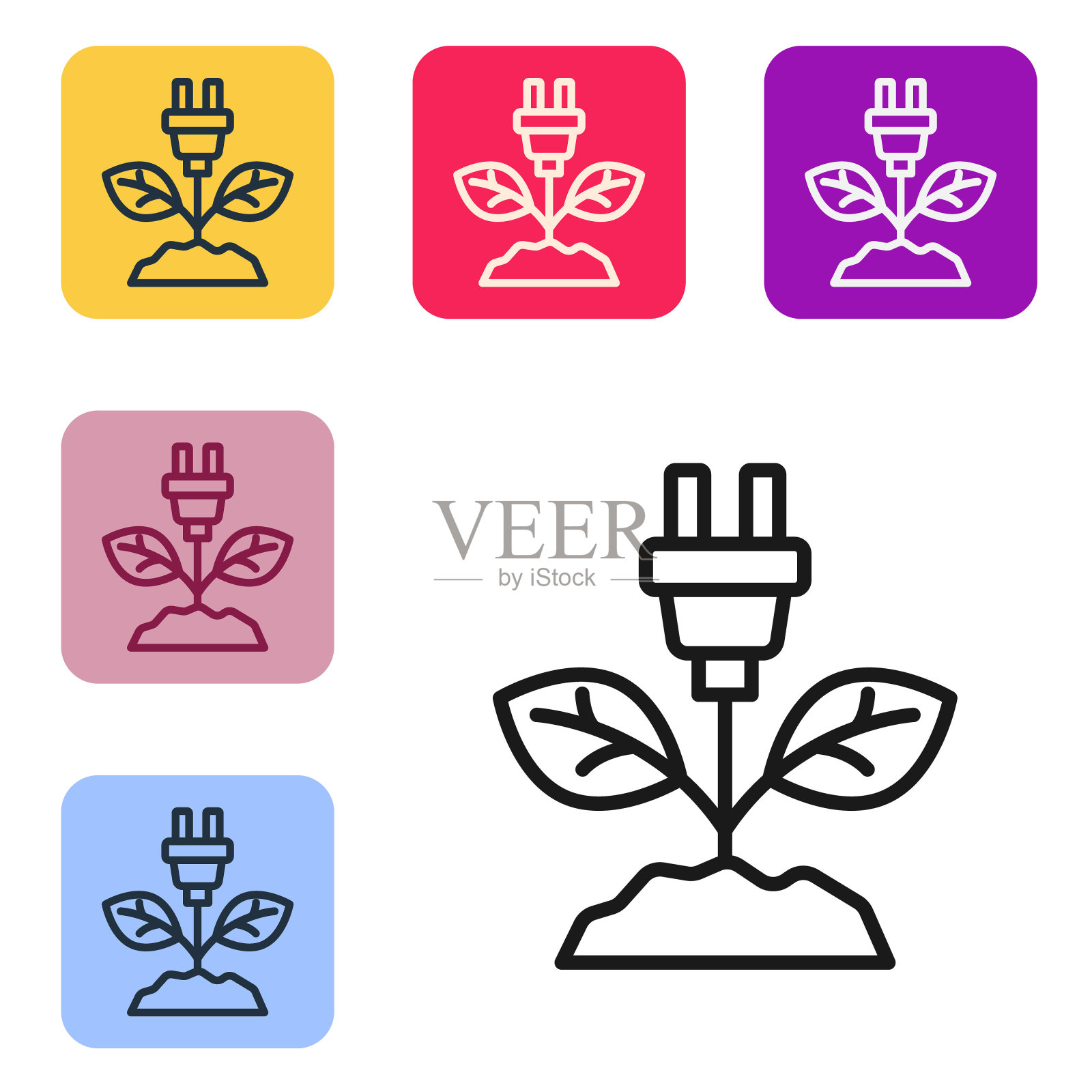 在白色背景上孤立的叶子图标上的黑线节能插头。节约能源用电。环境保护。生物能源。设置图标为彩色方形按钮。向量图标素材