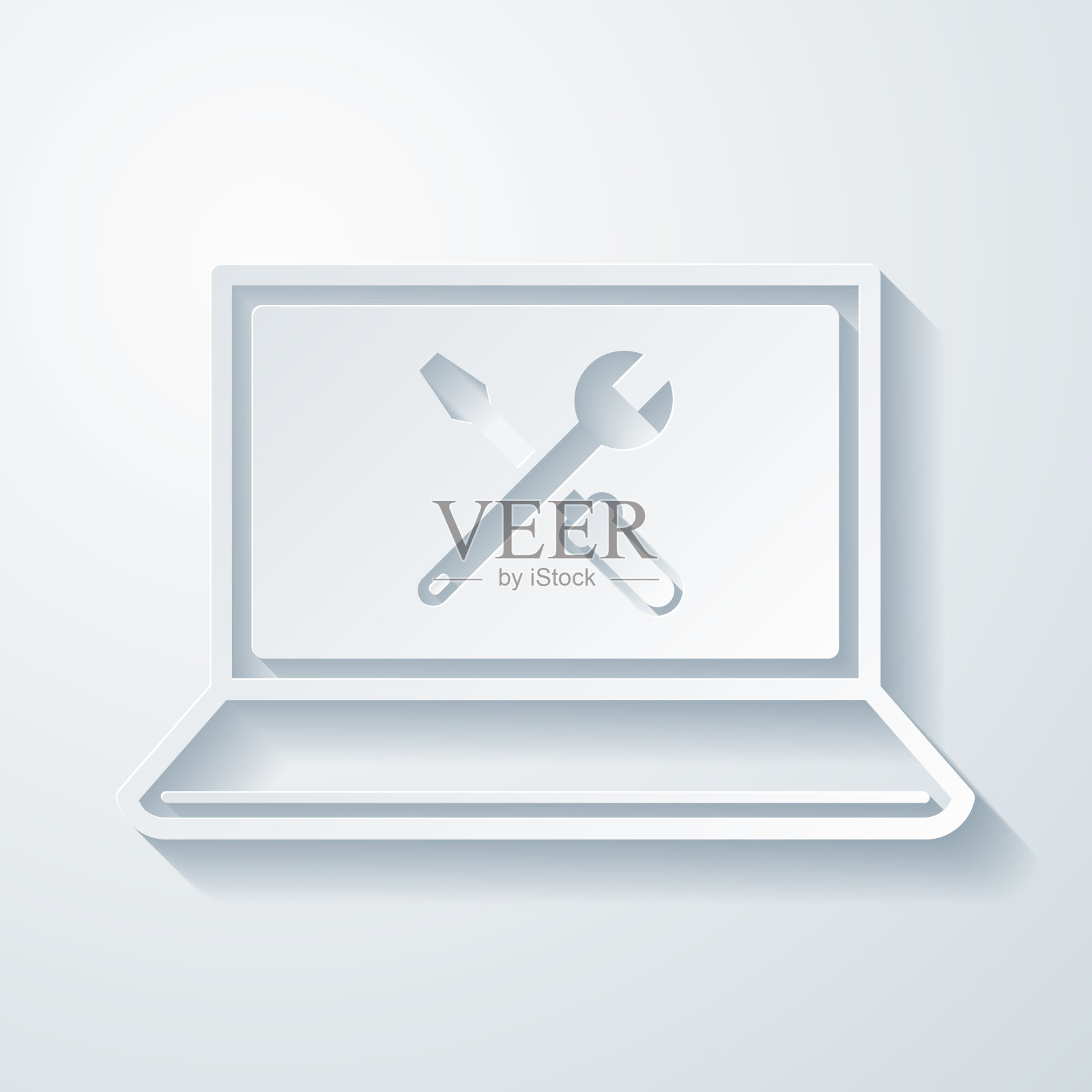 笔记本电脑设置—工具。空白背景上剪纸效果的图标插画图片素材