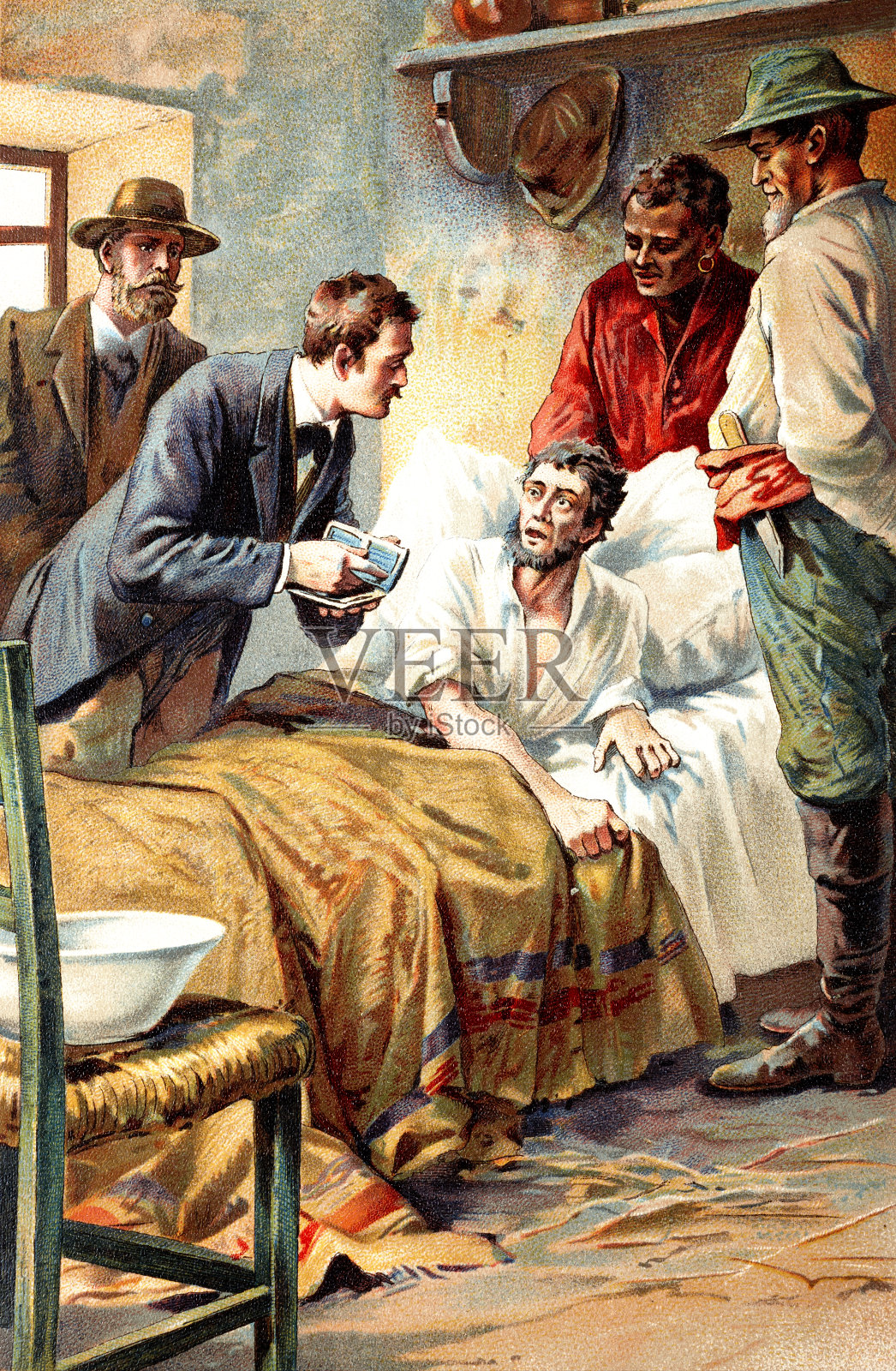 病人躺在床上,身边都是朋友插画图片素材