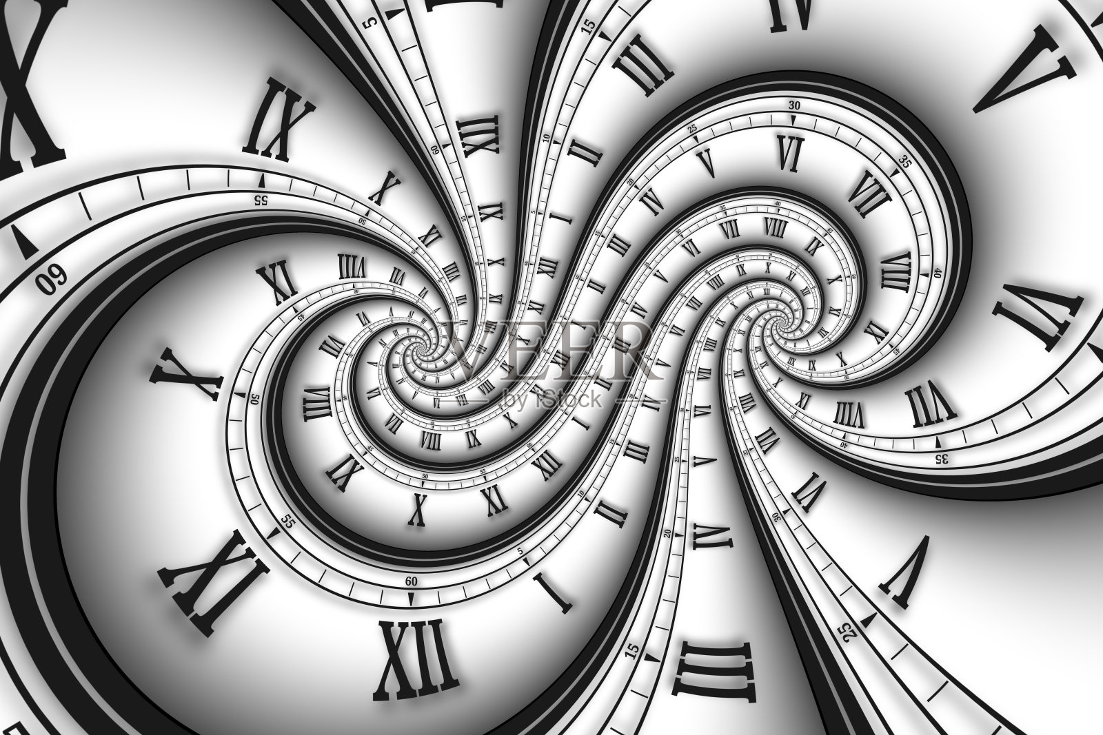 抽象现代白色螺旋时钟表盘。无限时间的概念。照片摄影图片