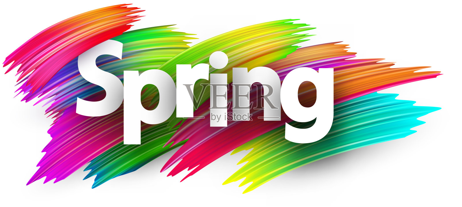 春天的纸字标志与彩色光谱油漆刷笔画在白色。插画图片素材