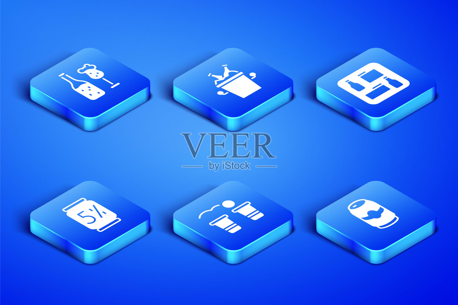 集啤酒罐,瓶子和玻璃,乒乓游戏,瓶子在冰桶和菜单图标。向量图标素材