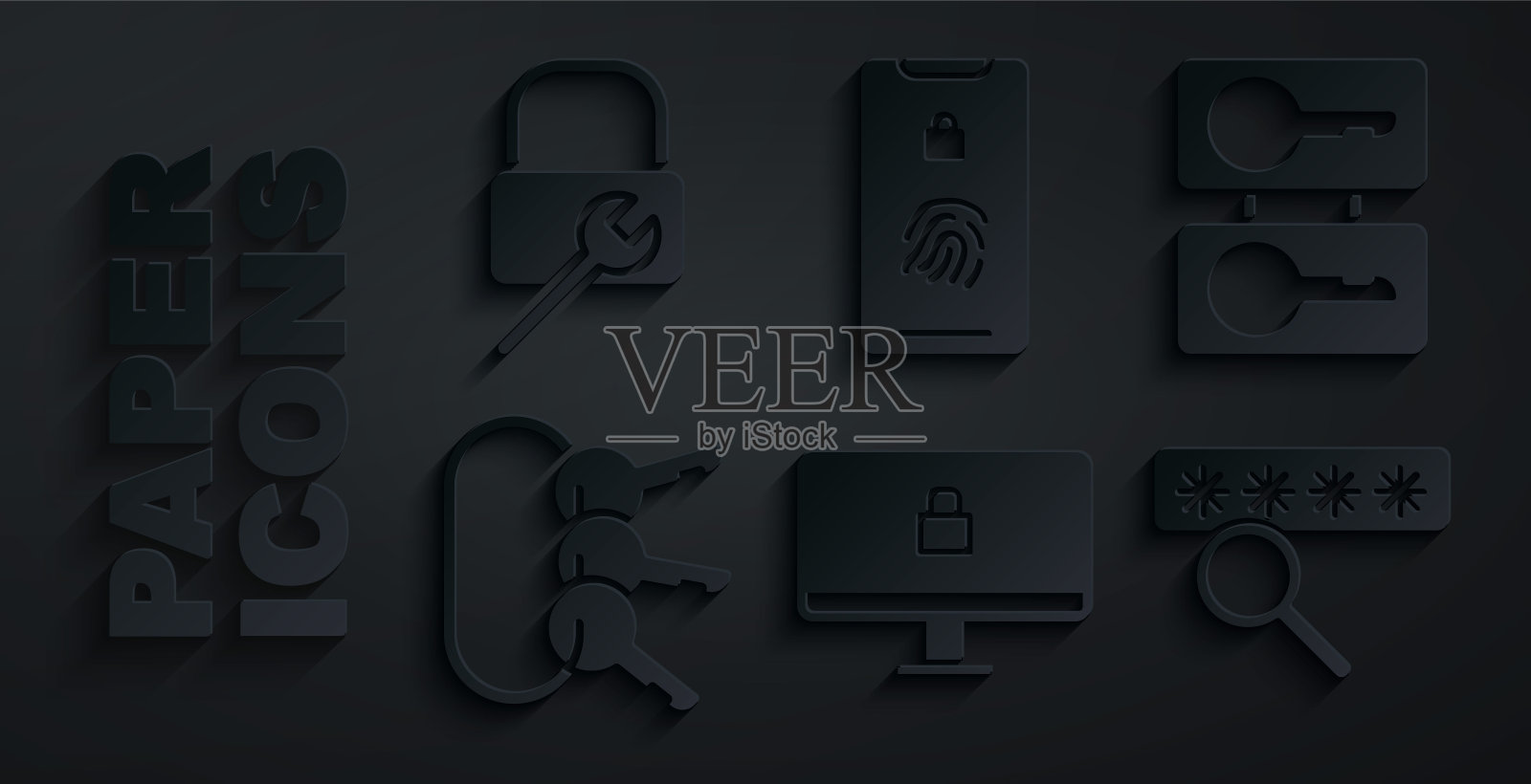 设置锁定电脑显示器,铸造钥匙,束,密码保护,手机指纹扫描和修复图标。向量图标素材