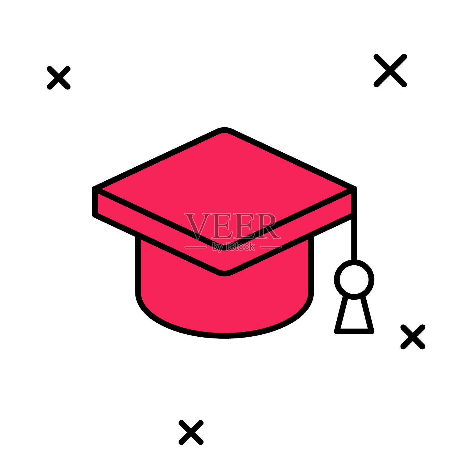 填充轮廓毕业帽图标隔离在白色背景。带有流苏图标的毕业帽。向量图标素材