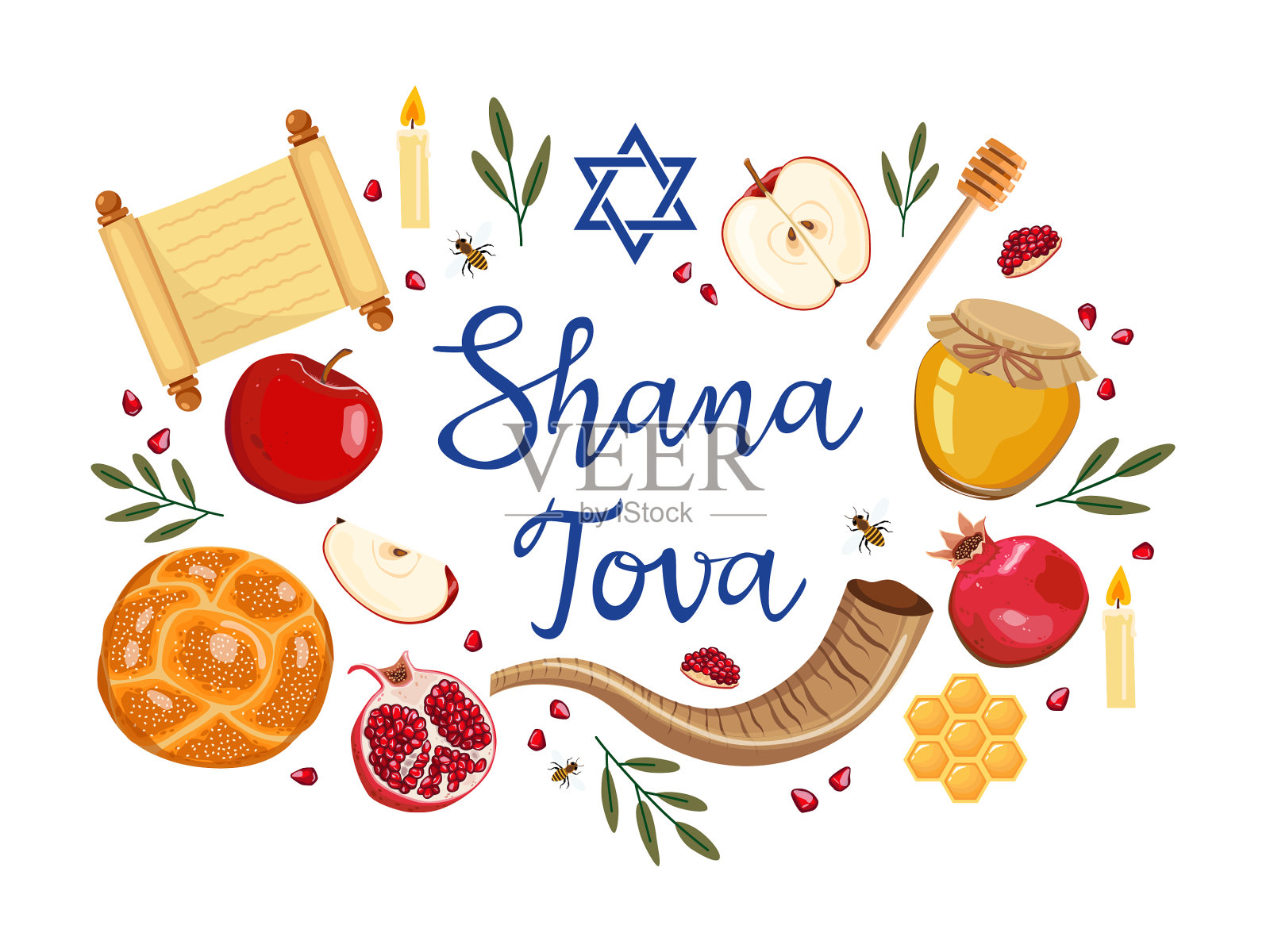 犹太新年贺卡设计与手设计元素图片