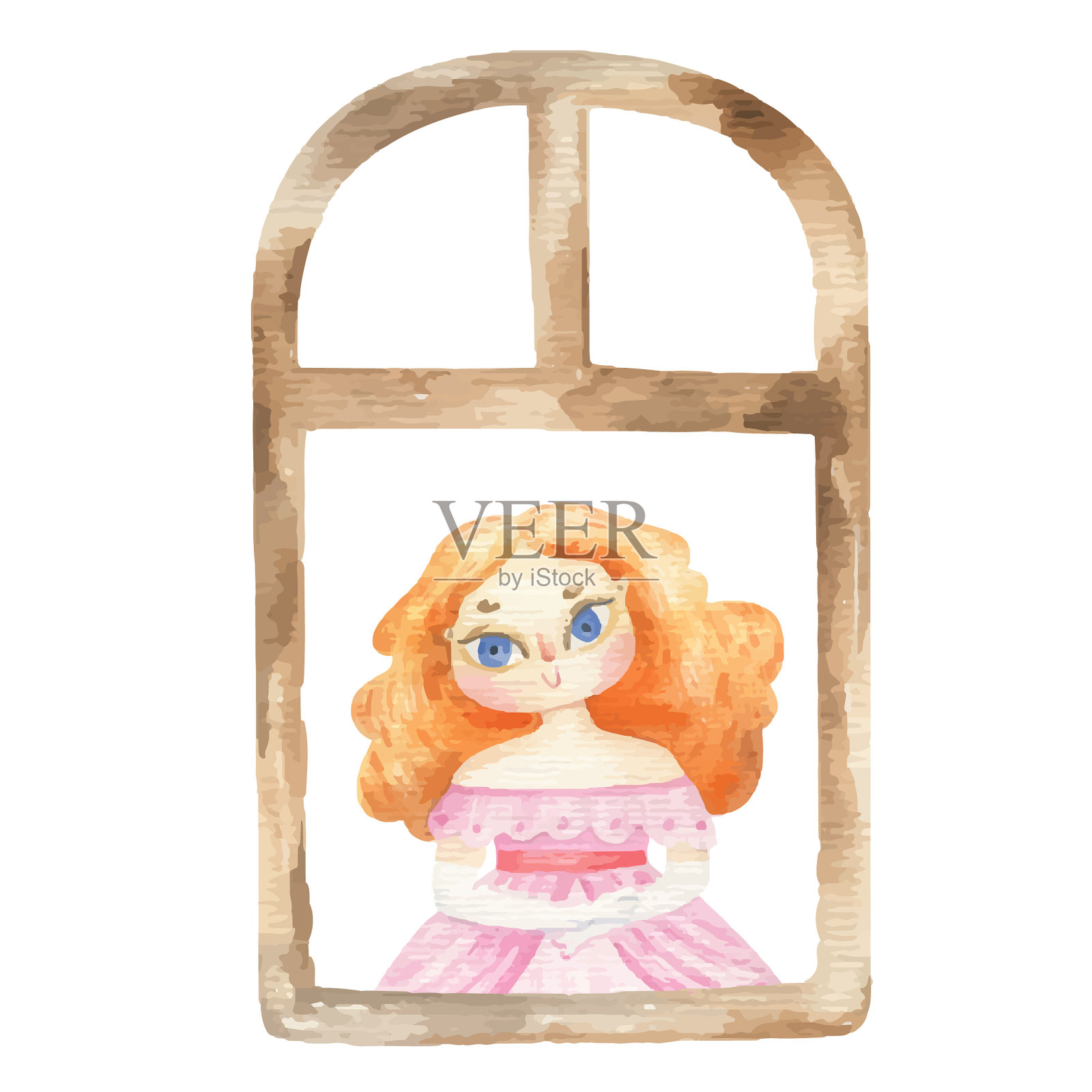 孩子气的水彩插图与仙女公主。窗口。童话插画图片素材