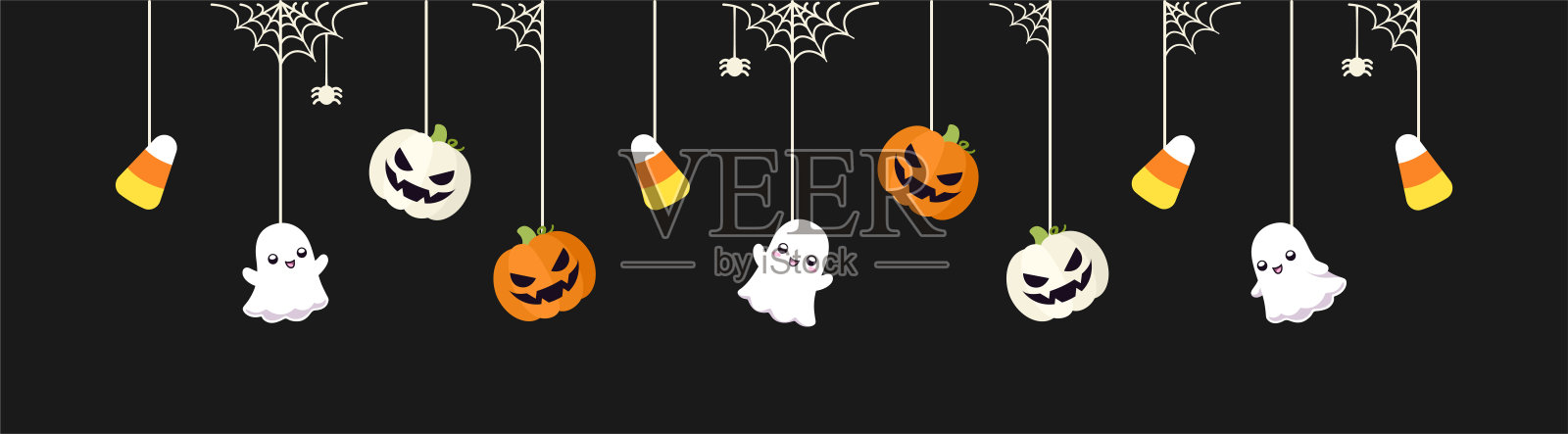 万圣节快乐的边线横幅,上面有幽灵、玉米糖和挂在蜘蛛网上的南瓜灯。幽灵般的装饰品装饰矢量插图,不给糖就捣蛋派对邀请插画图片素材
