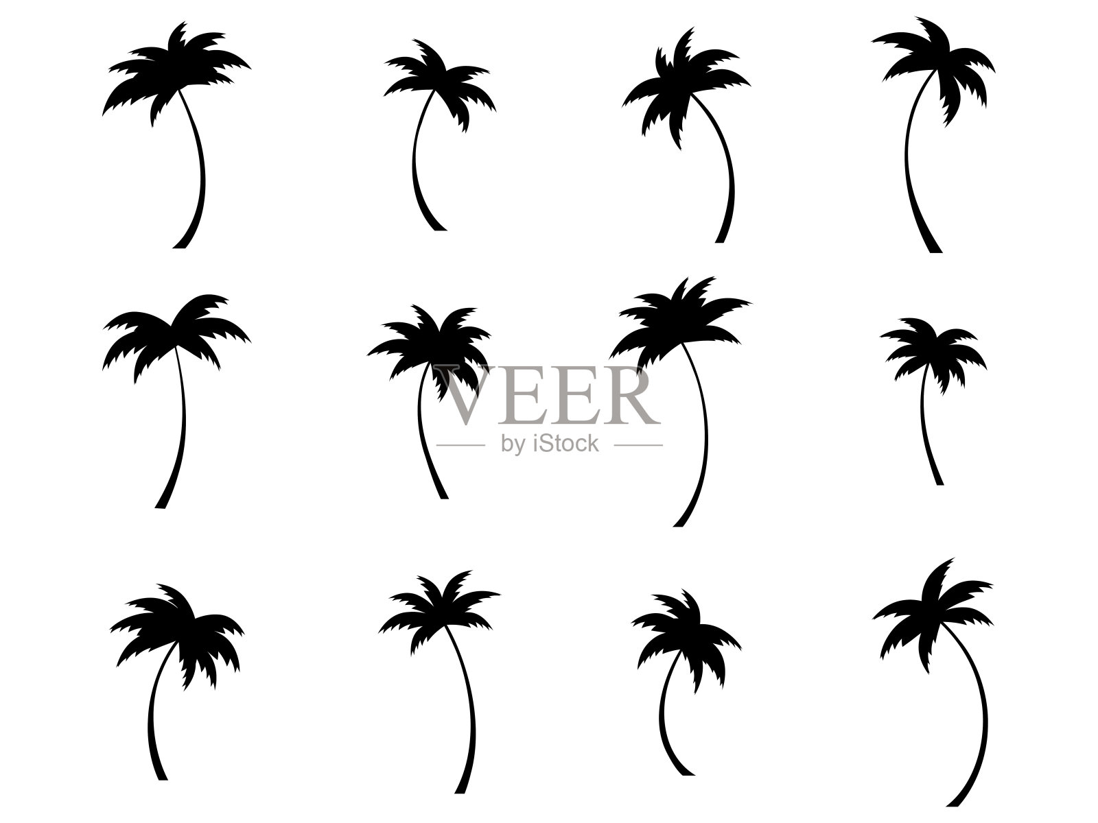 黑色的棕榈树被孤立在白色的背景上。手掌轮廓。棕榈树的设计海报,横幅和促销项目。矢量图插画图片素材