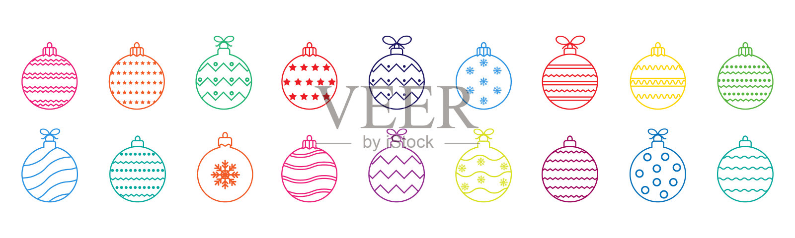 圣诞球彩线图标。一套简单的圣诞球孤立的白色背景。节日圣诞装饰,彩色圣诞球。插画图片素材