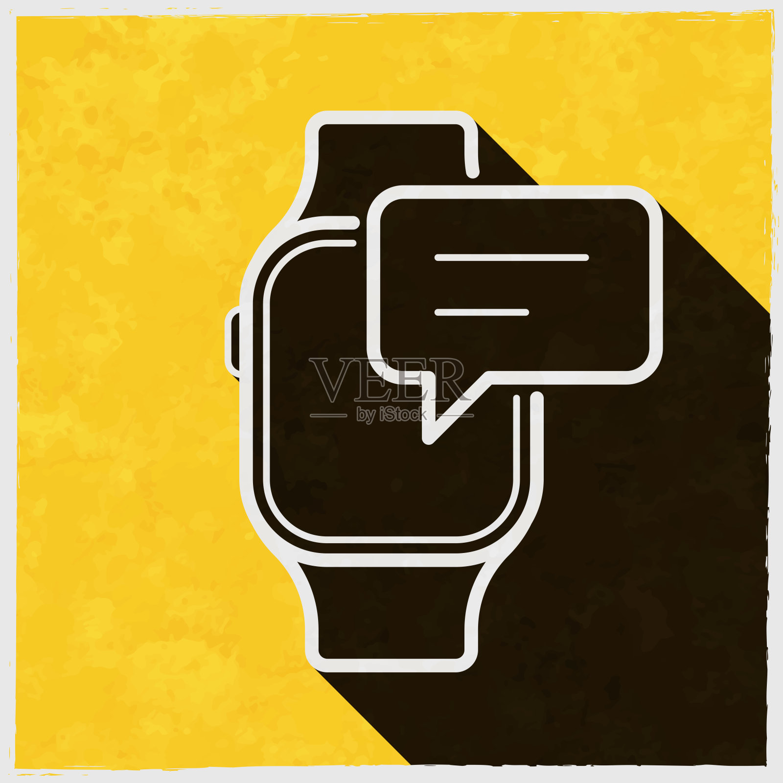 带语音泡泡的智能手表。图标与长阴影的纹理黄色背景插画图片素材