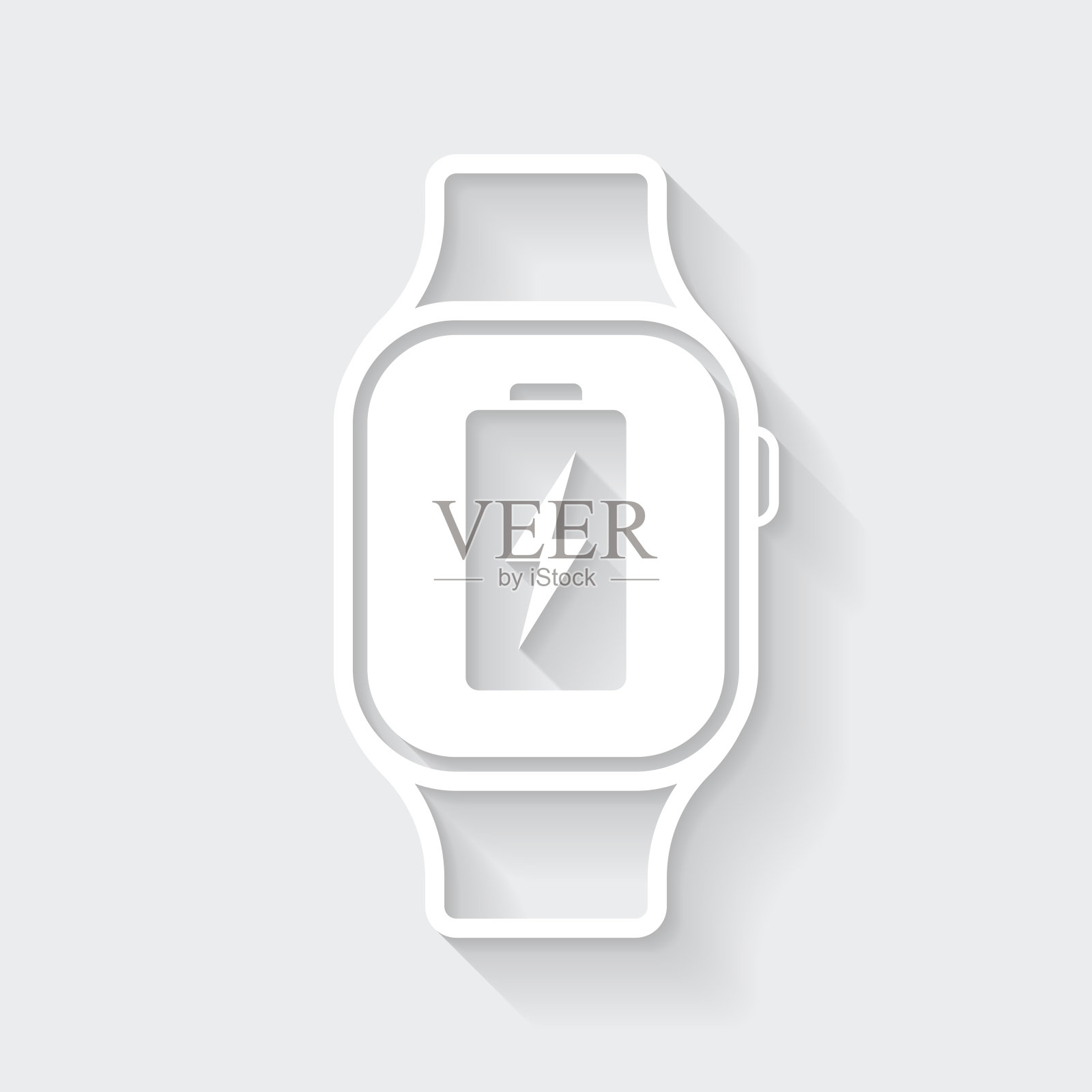 带有电池充电符号的智能手表。图标与空白背景上的长阴影-平面设计插画图片素材