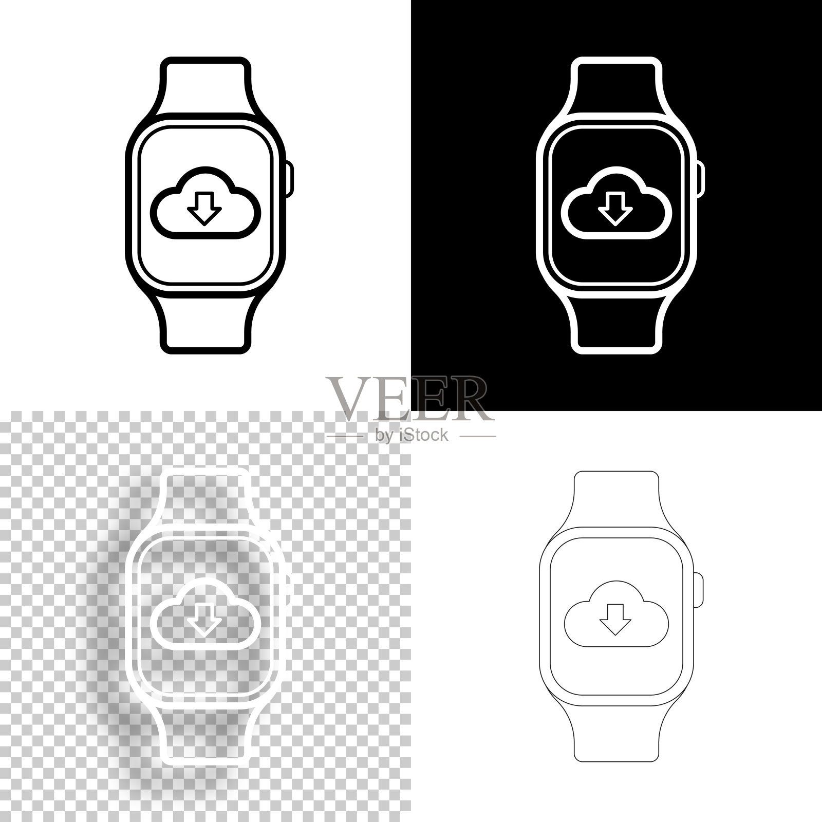 云下载到智能手表。图标设计。空白,白色和黑色背景-线图标插画图片素材