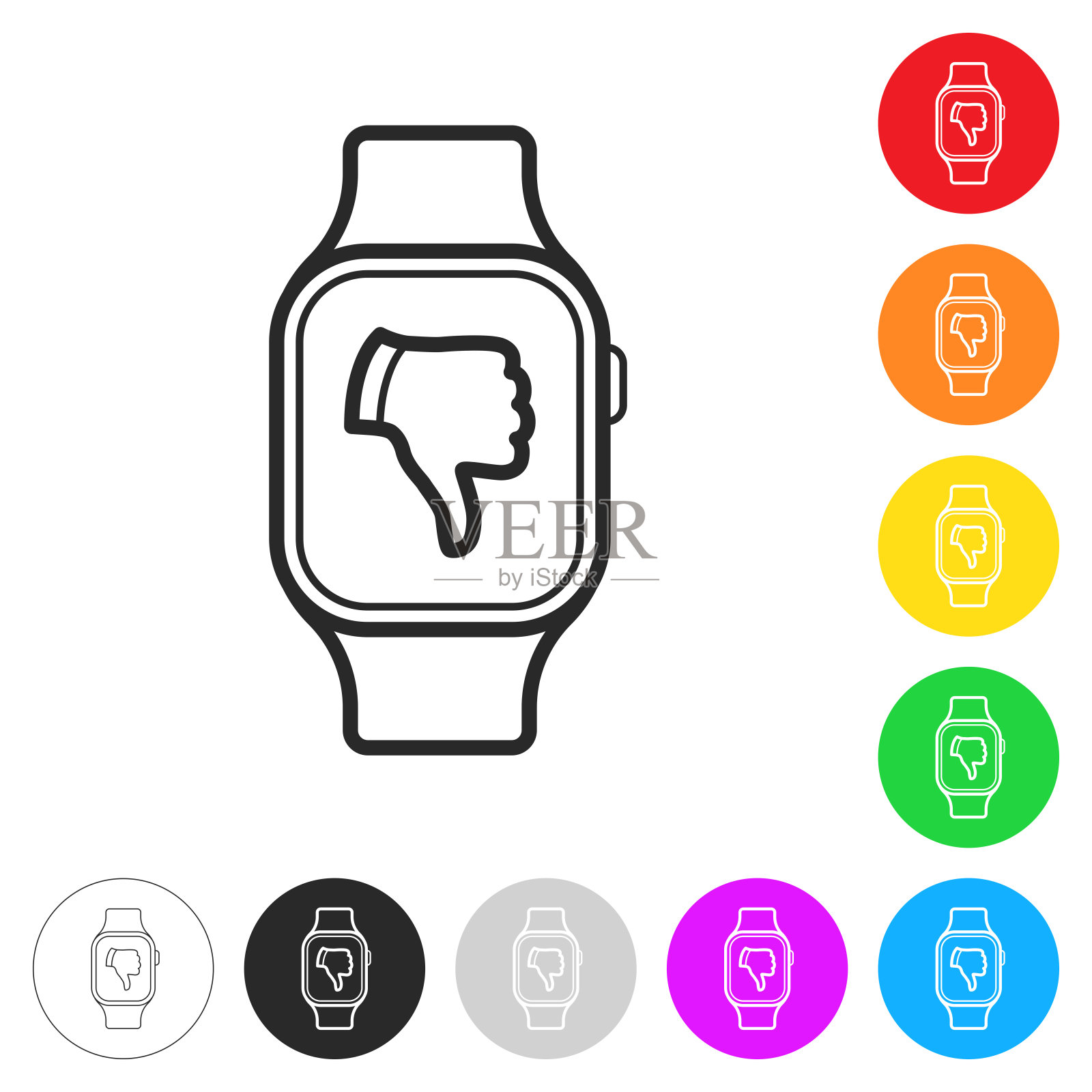 拇指向下的智能手表。彩色按钮上的图标插画图片素材