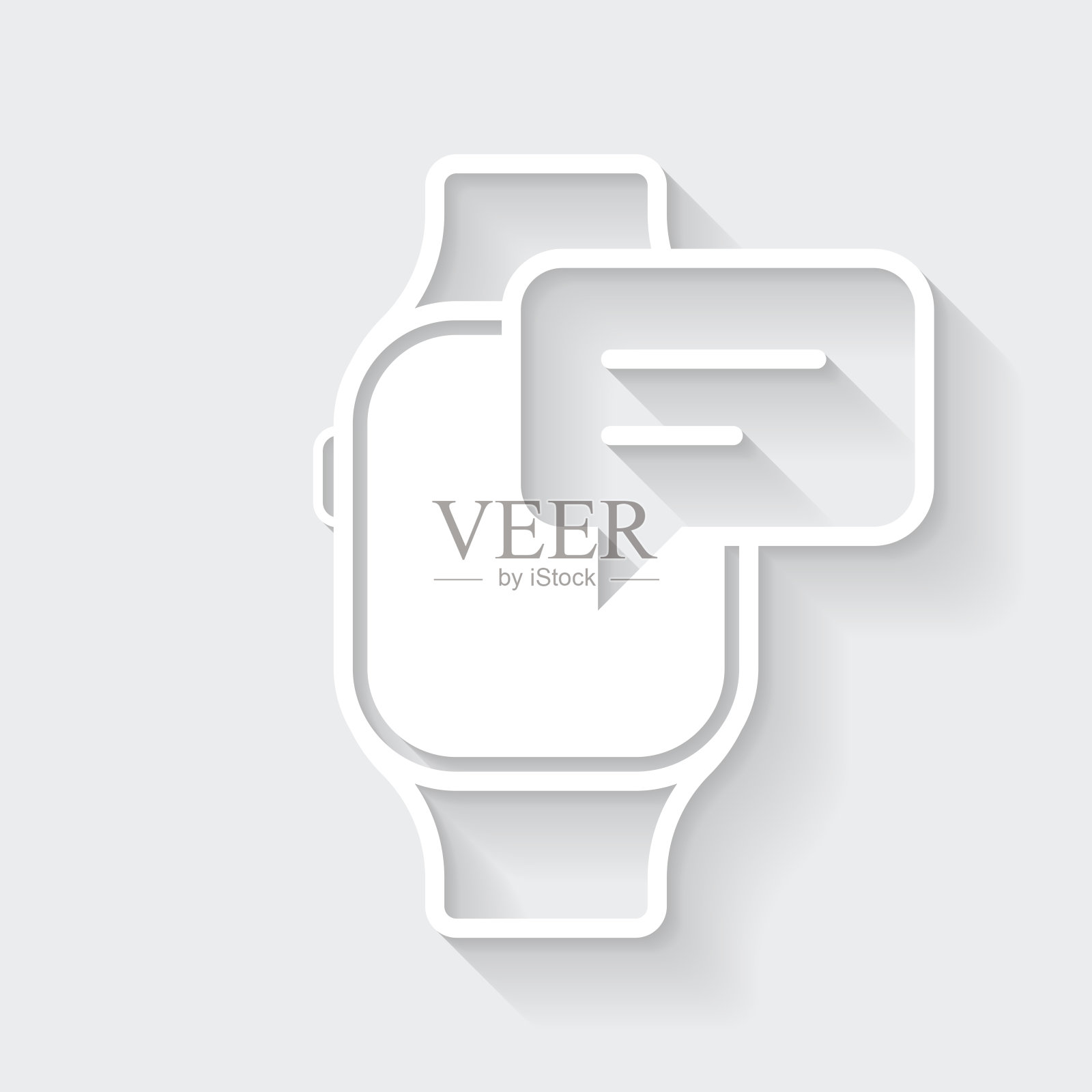 带语音泡泡的智能手表。图标与空白背景上的长阴影-平面设计插画图片素材