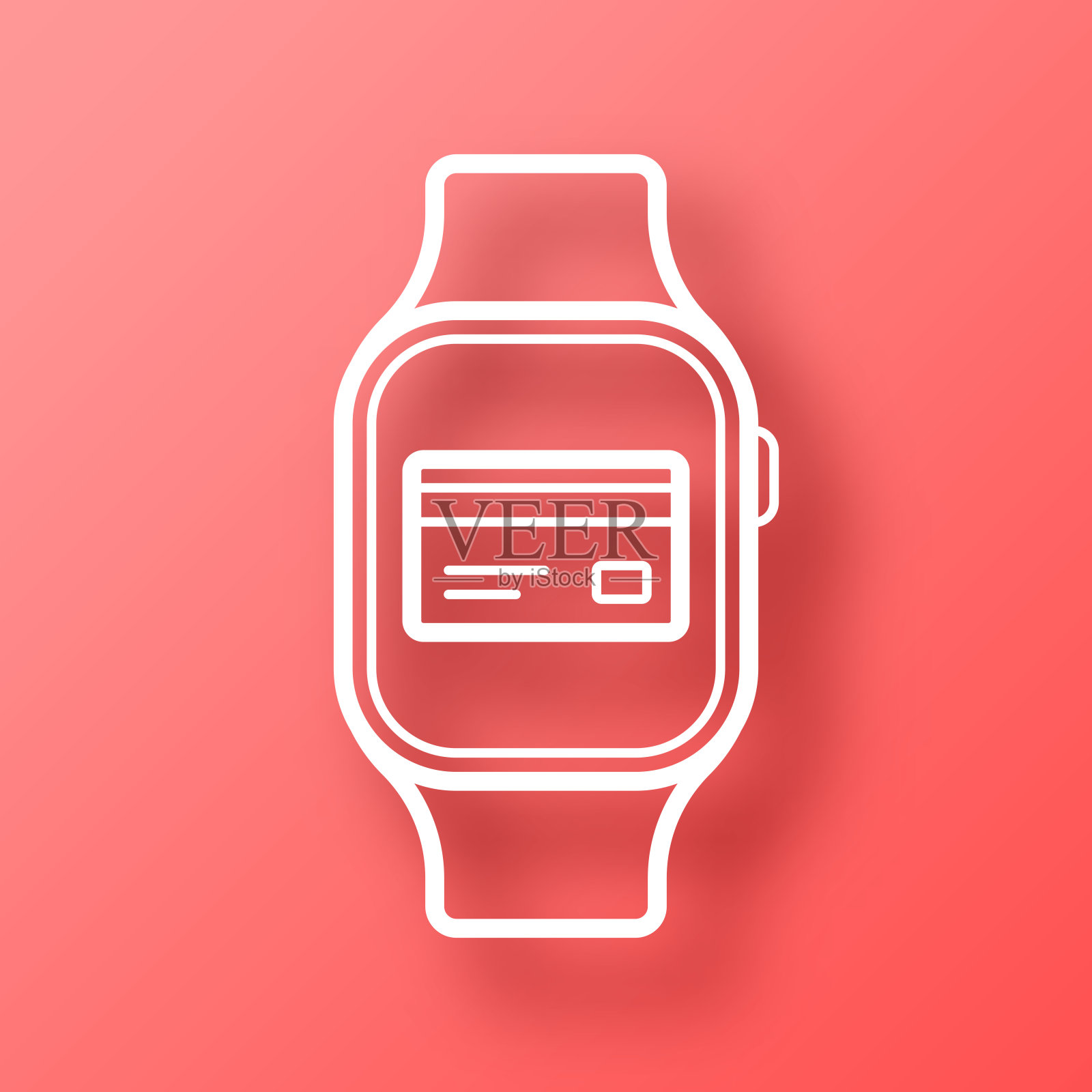 有信用卡的智能手表。图标在红色背景与阴影插画图片素材