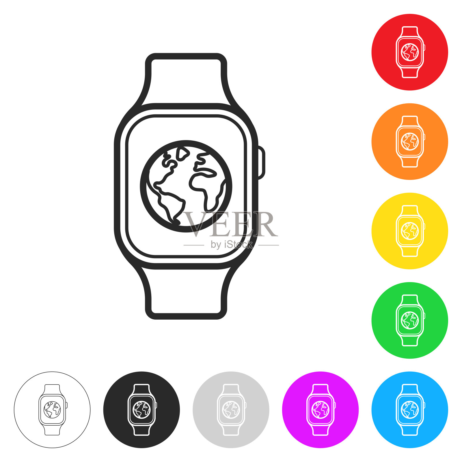 Smartwatch与地球。彩色按钮上的图标插画图片素材