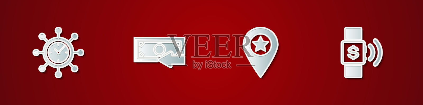 设置时钟和齿轮,现金返还,位置与星和非接触支付图标。向量插画图片素材