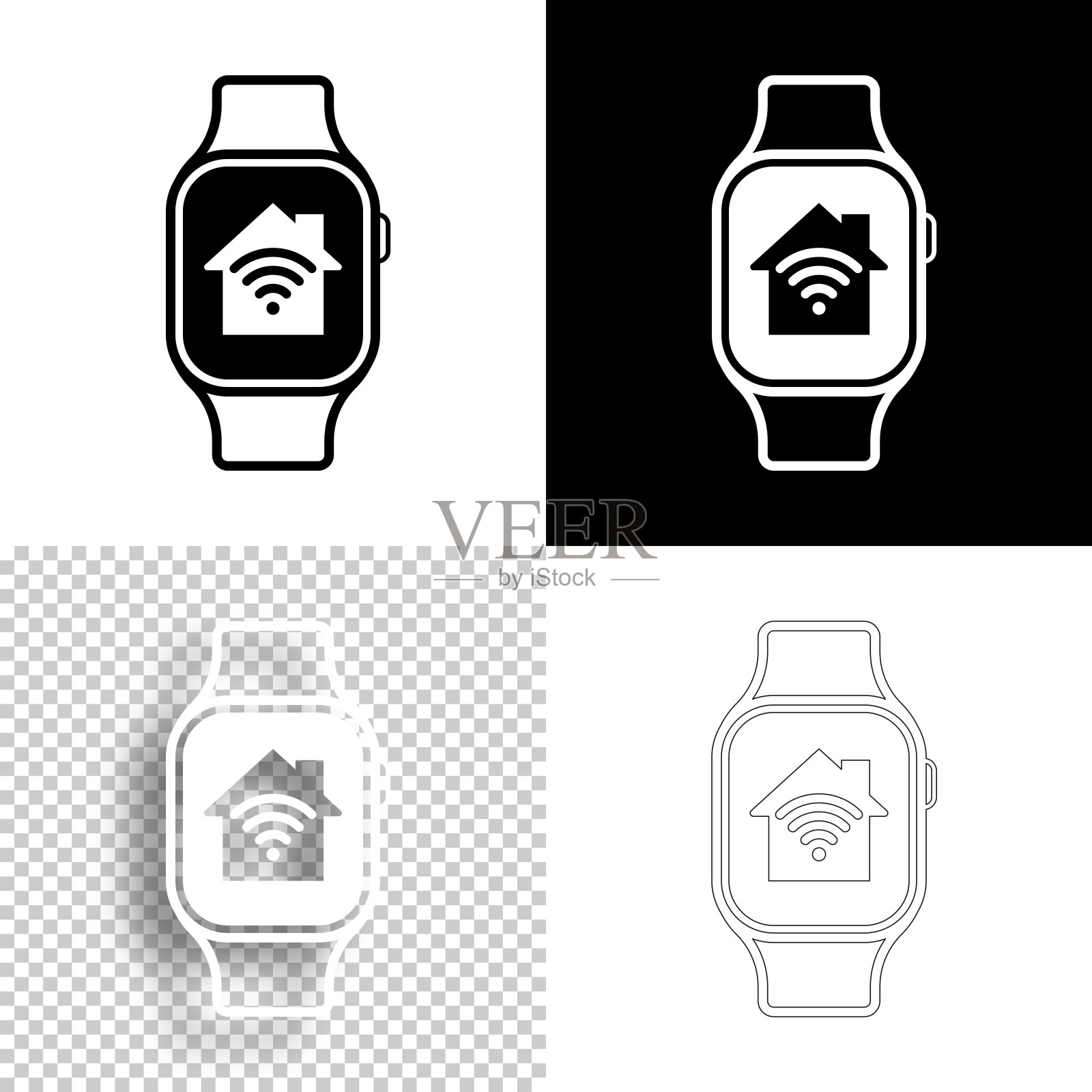 智能手表配智能家居。图标设计。空白,白色和黑色背景-线图标插画图片素材