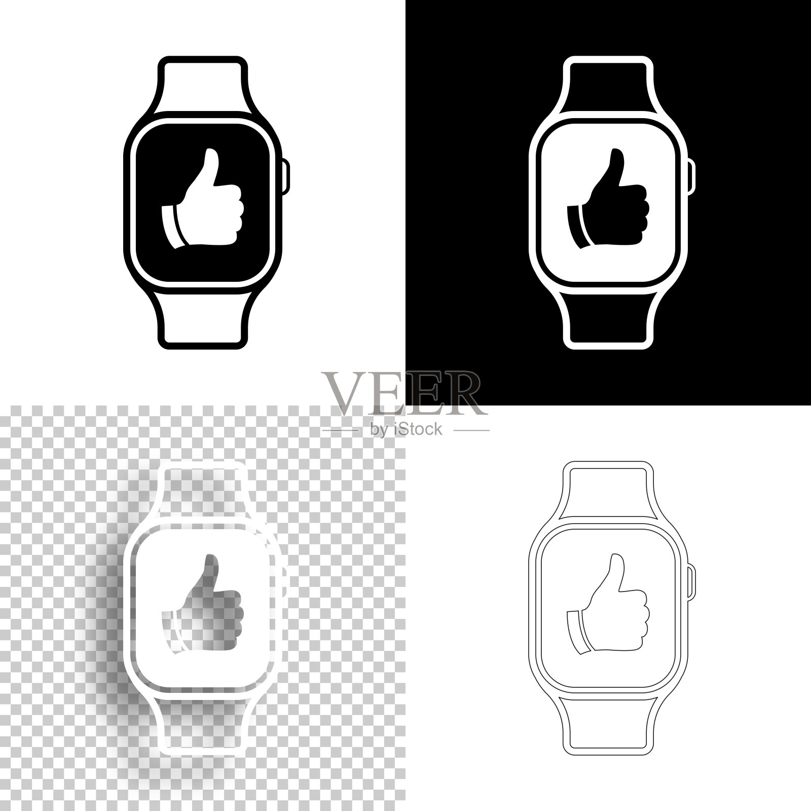 竖起大拇指的智能手表。图标设计。空白,白色和黑色背景-线图标插画图片素材