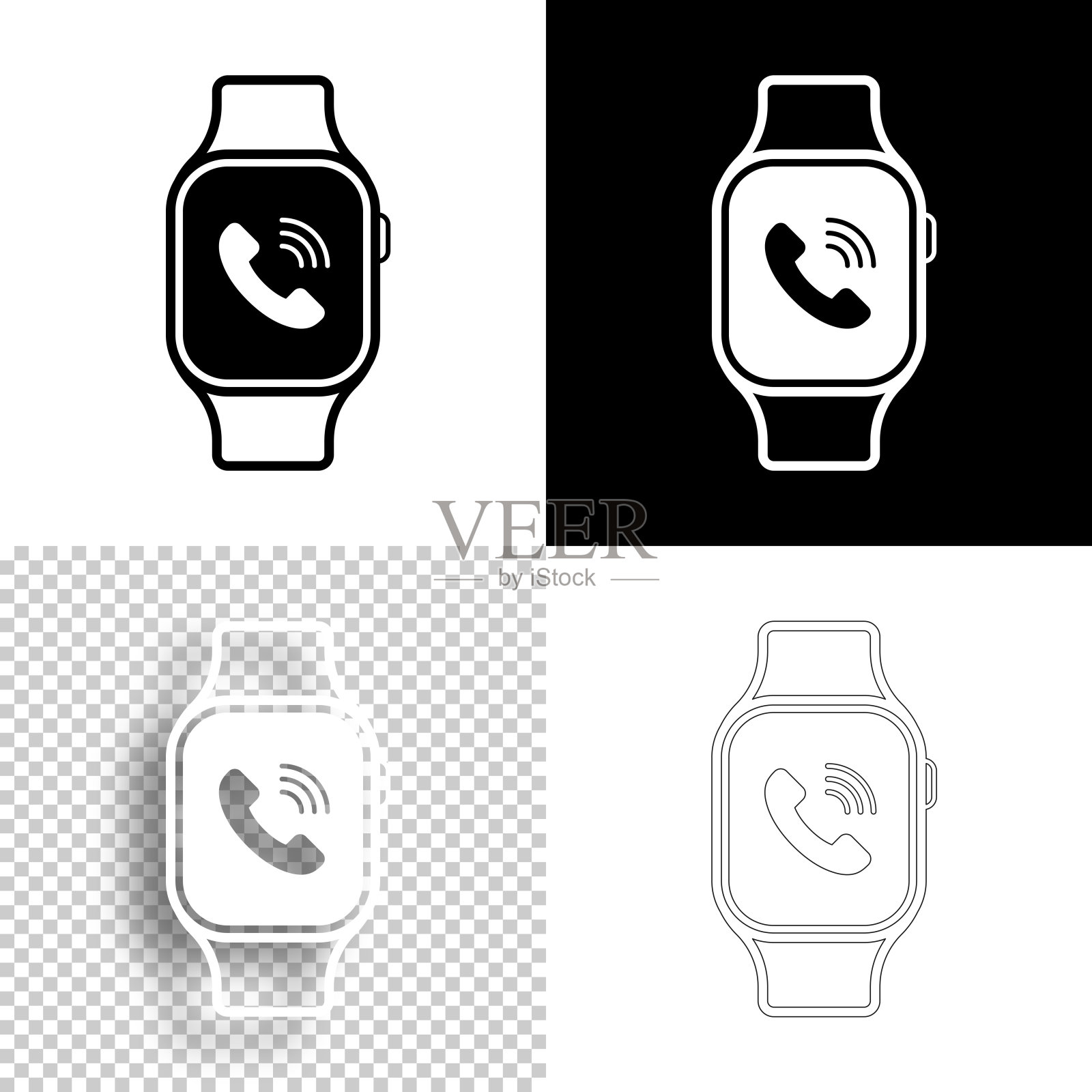 带来电的智能手表。图标设计。空白,白色和黑色背景-线图标插画图片素材
