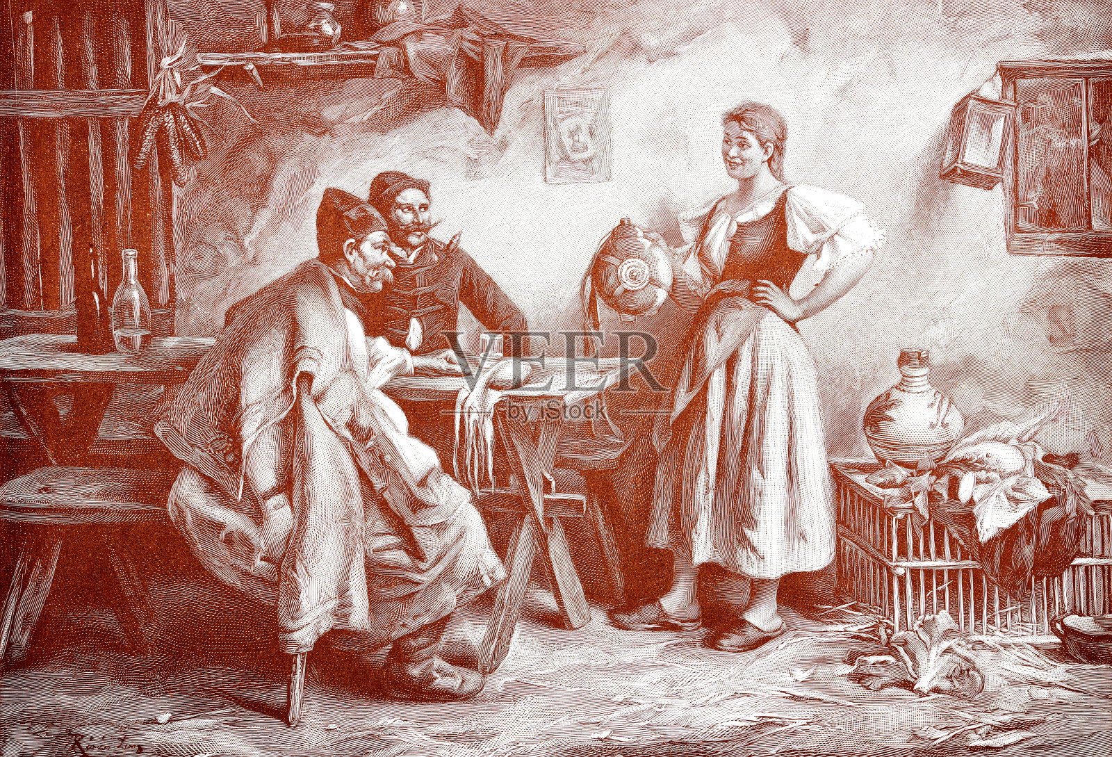 在一个乡村旅馆里,一个年轻的女人和两个客人说话插画图片素材