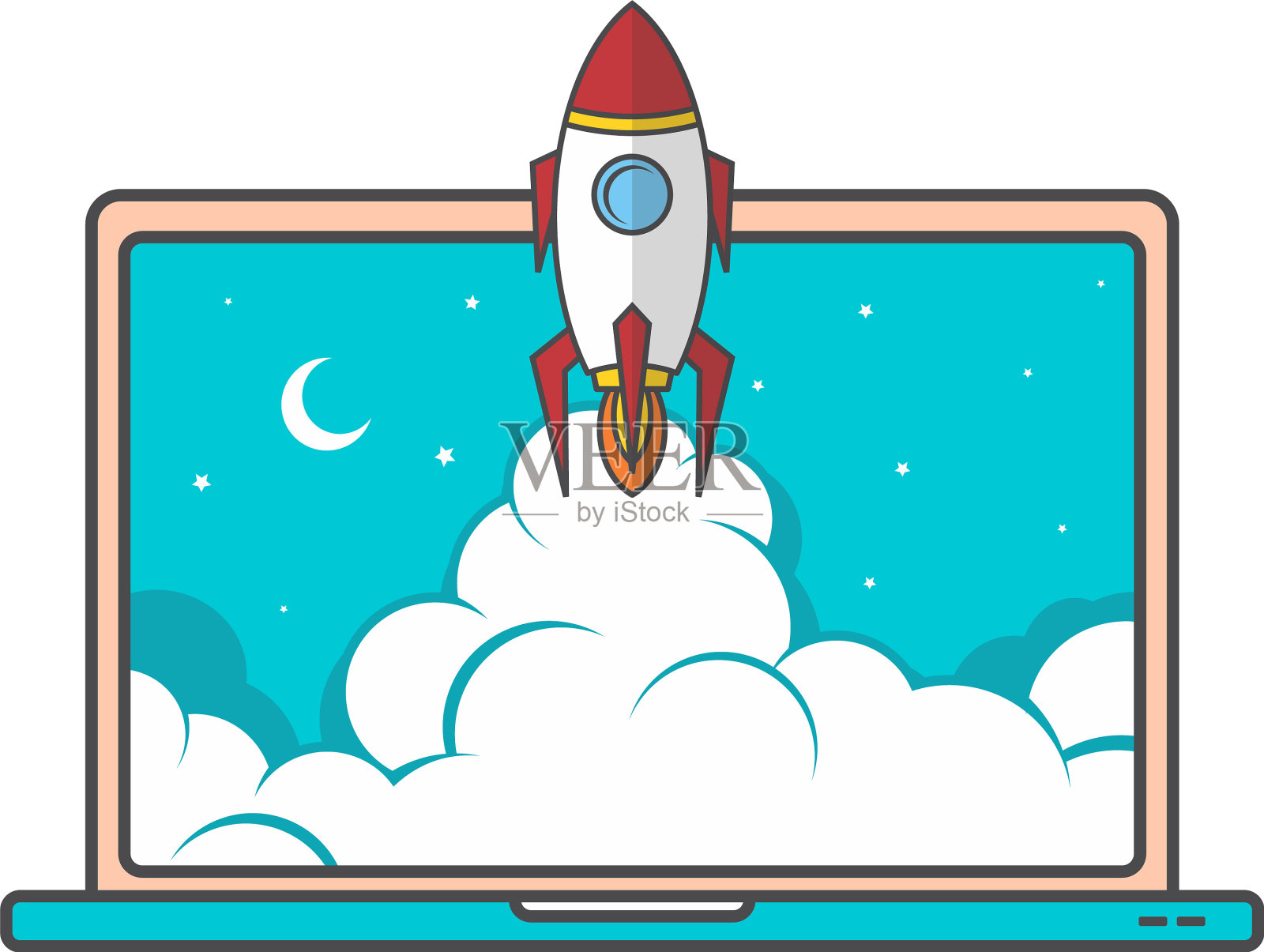 笔记本电脑助推启动太空火箭插画图片素材