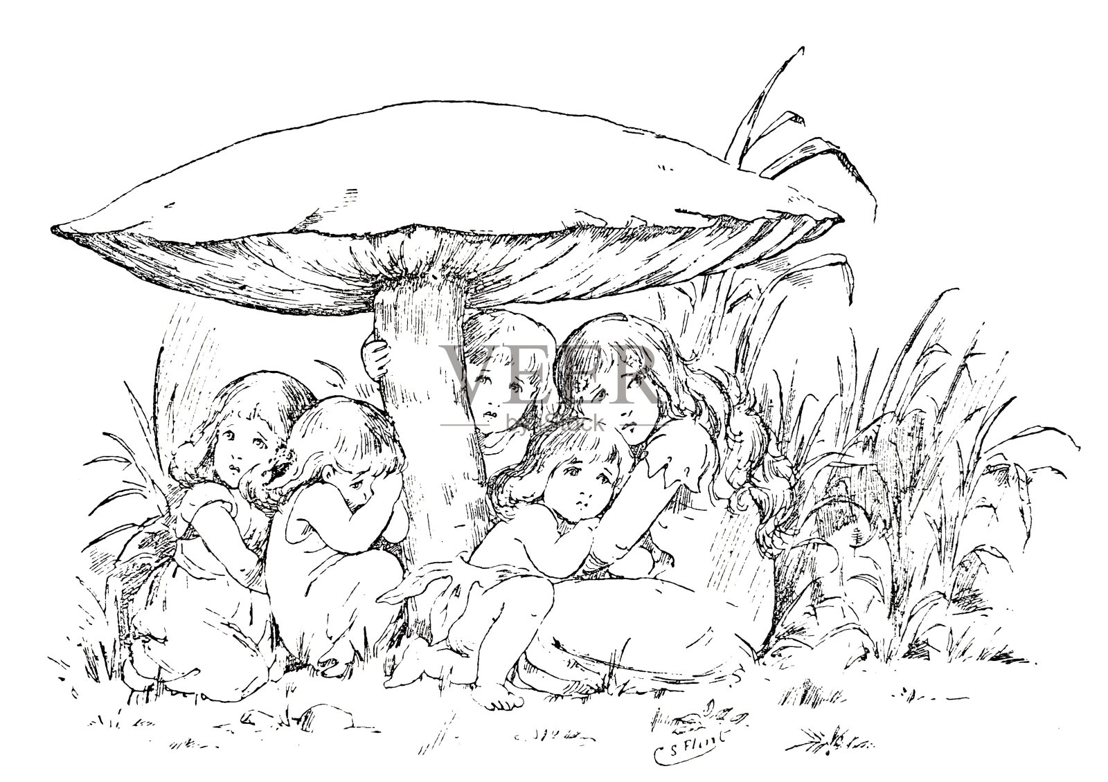 女孩们躲在一个巨大的蘑菇下面插画图片素材