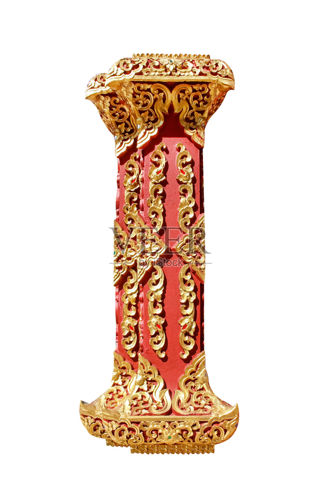 红色混凝土灰泥杆装饰与雕刻金花浮雕图案孤立在白色背景,剪辑路径照片摄影图片